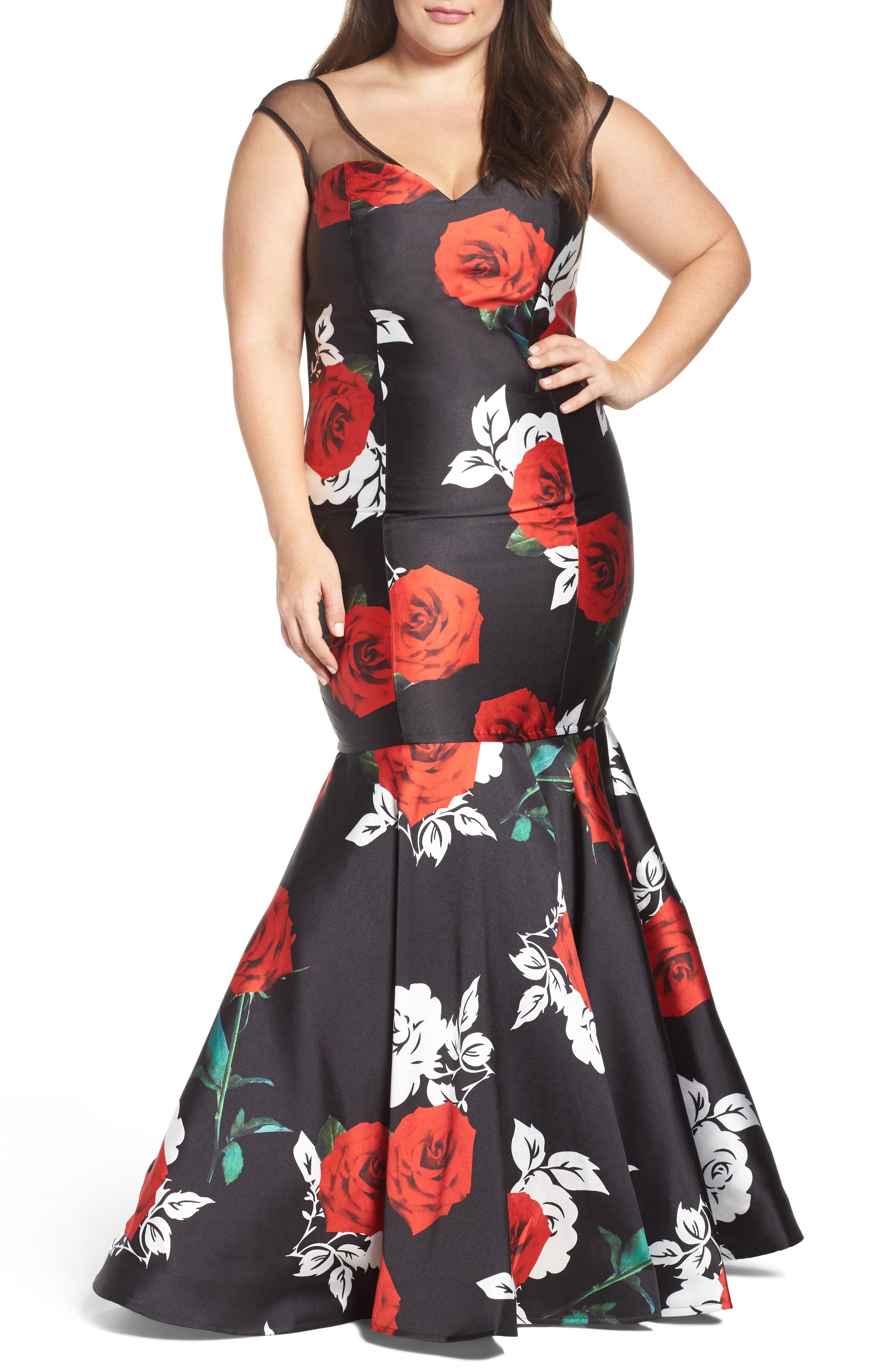 Plus Size MAC Duggal Rose Print Mermaid Gown