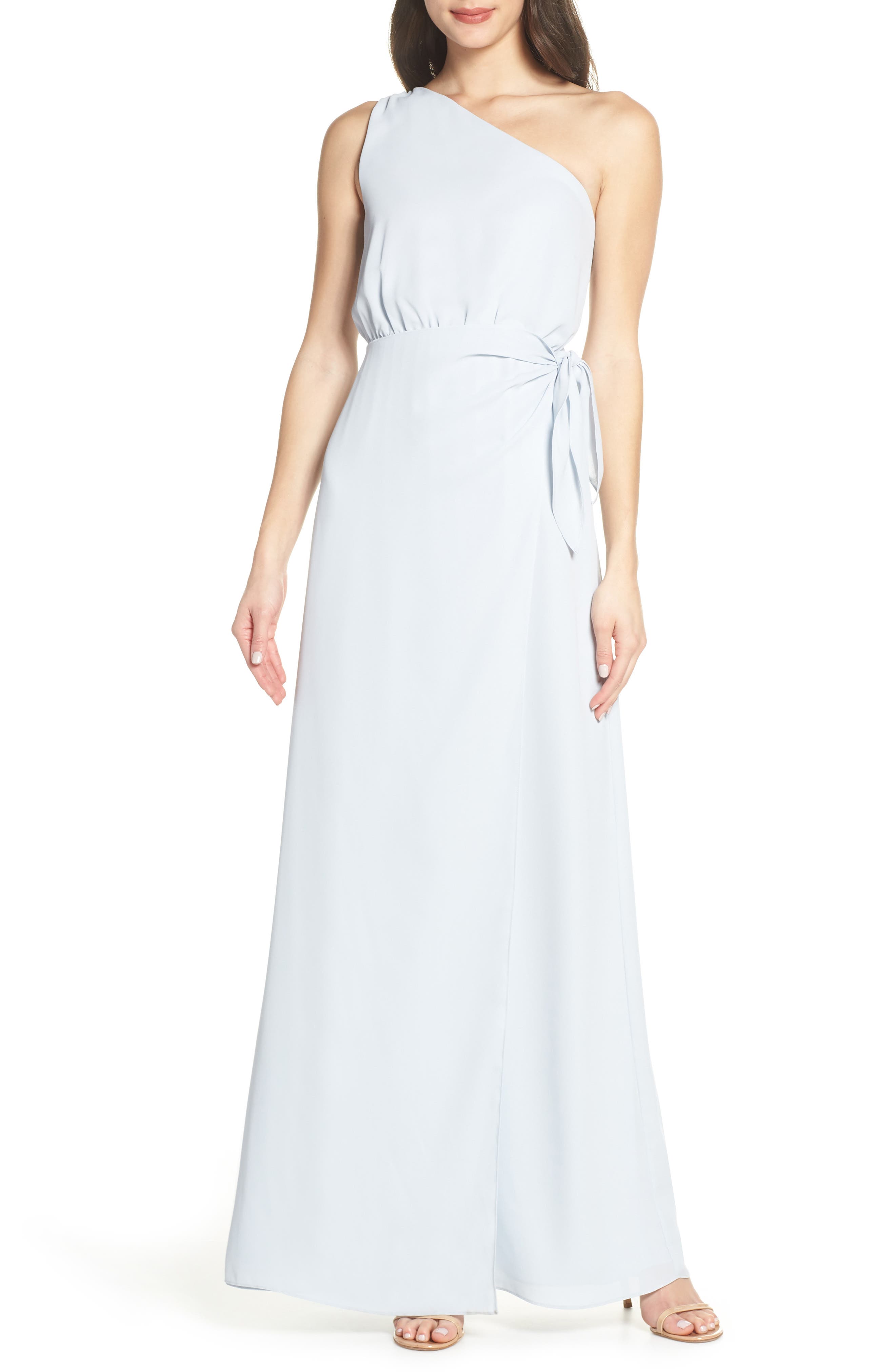 Wayf One-Shoulder Wrap Front Evening Dress, Blue