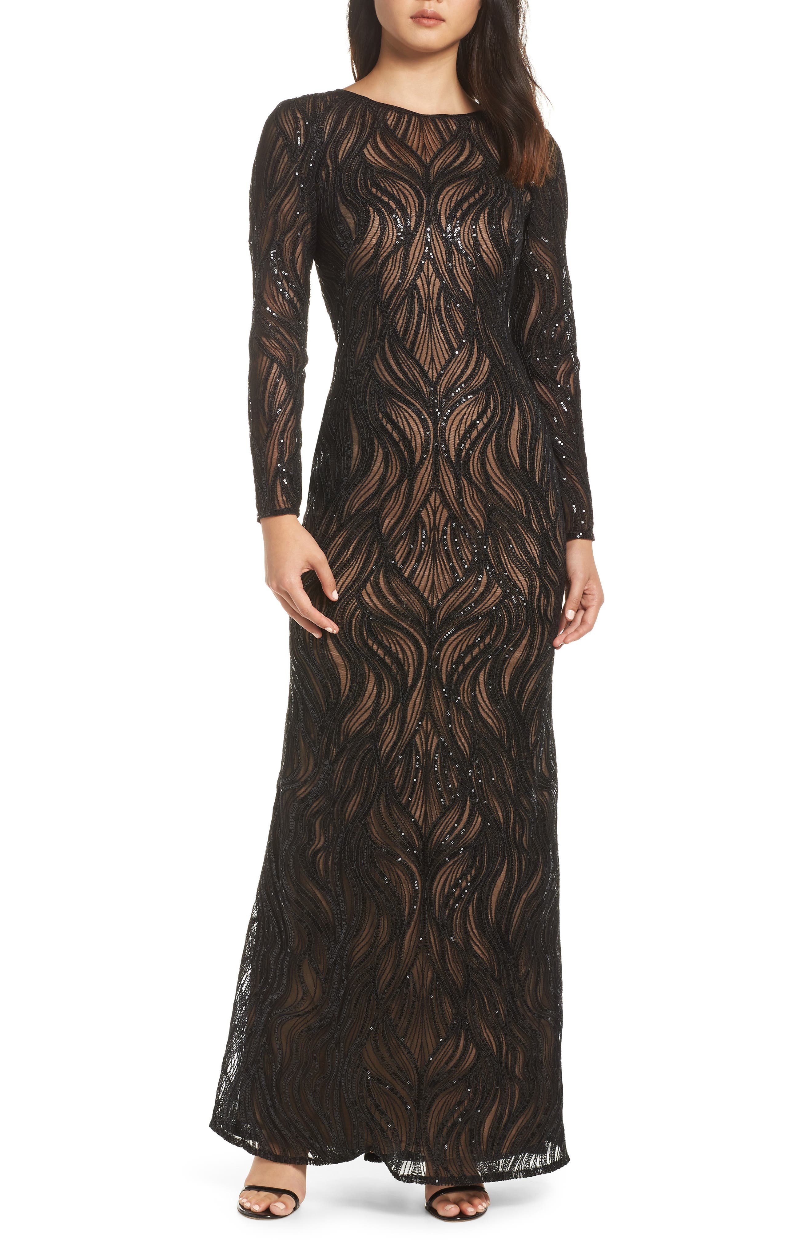 Tadashi Shoji Long Sleeve Sequined Mesh Evening Dress, Black