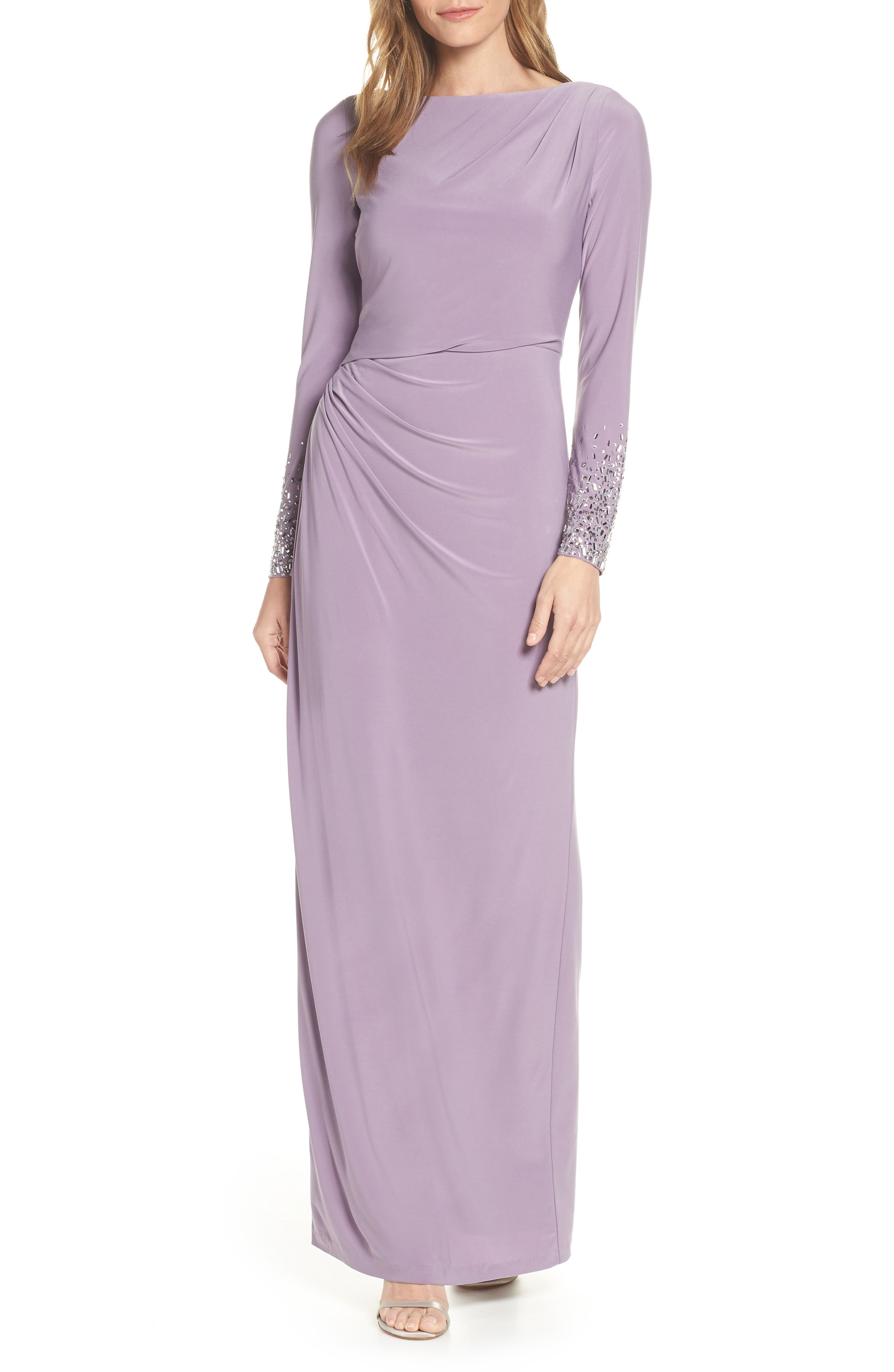Petite Vince Camuto Embellished Sleeve Ruched Evening Dress, Purple