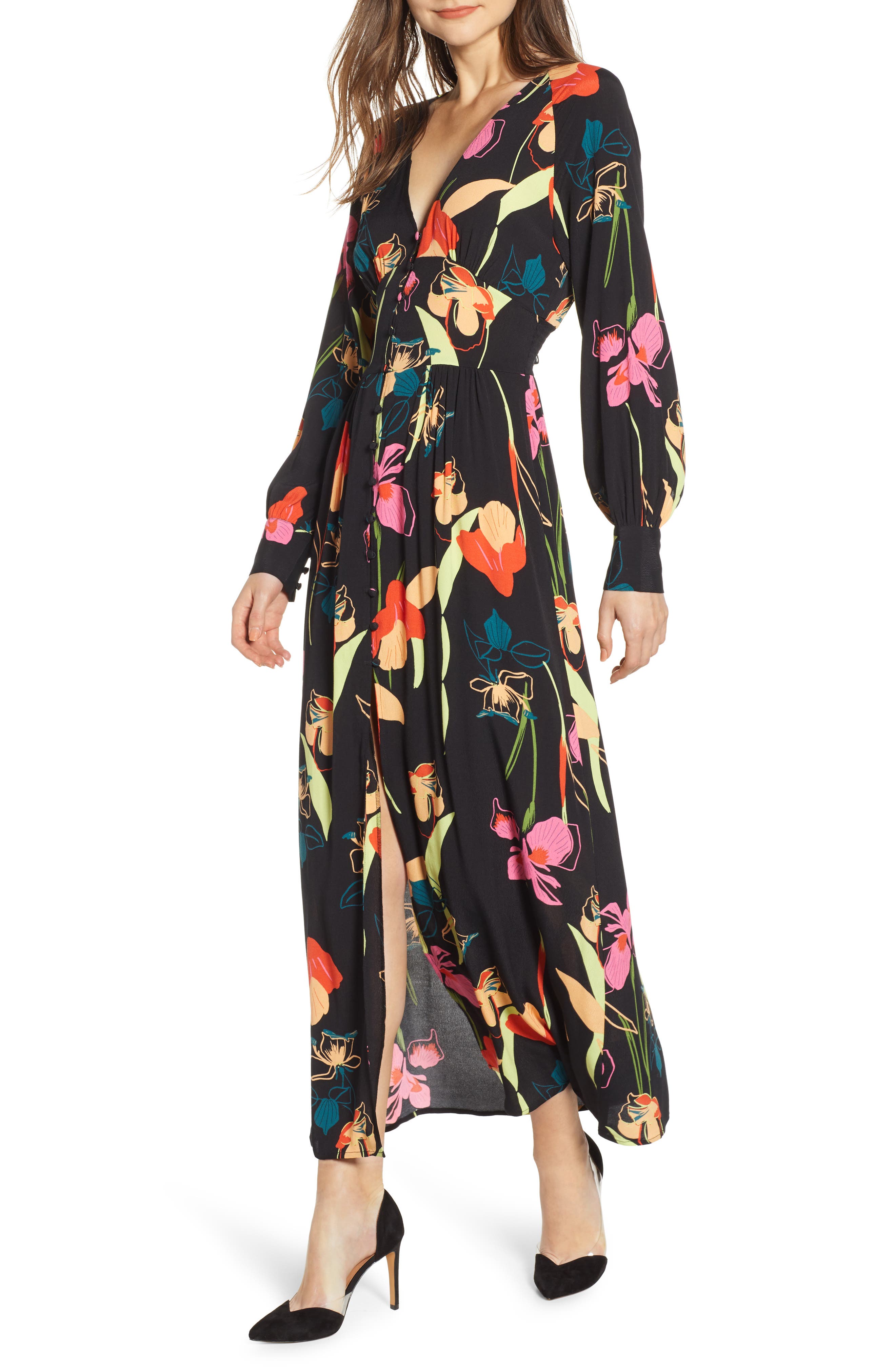 Leith Floral Print Maxi Dress, Black