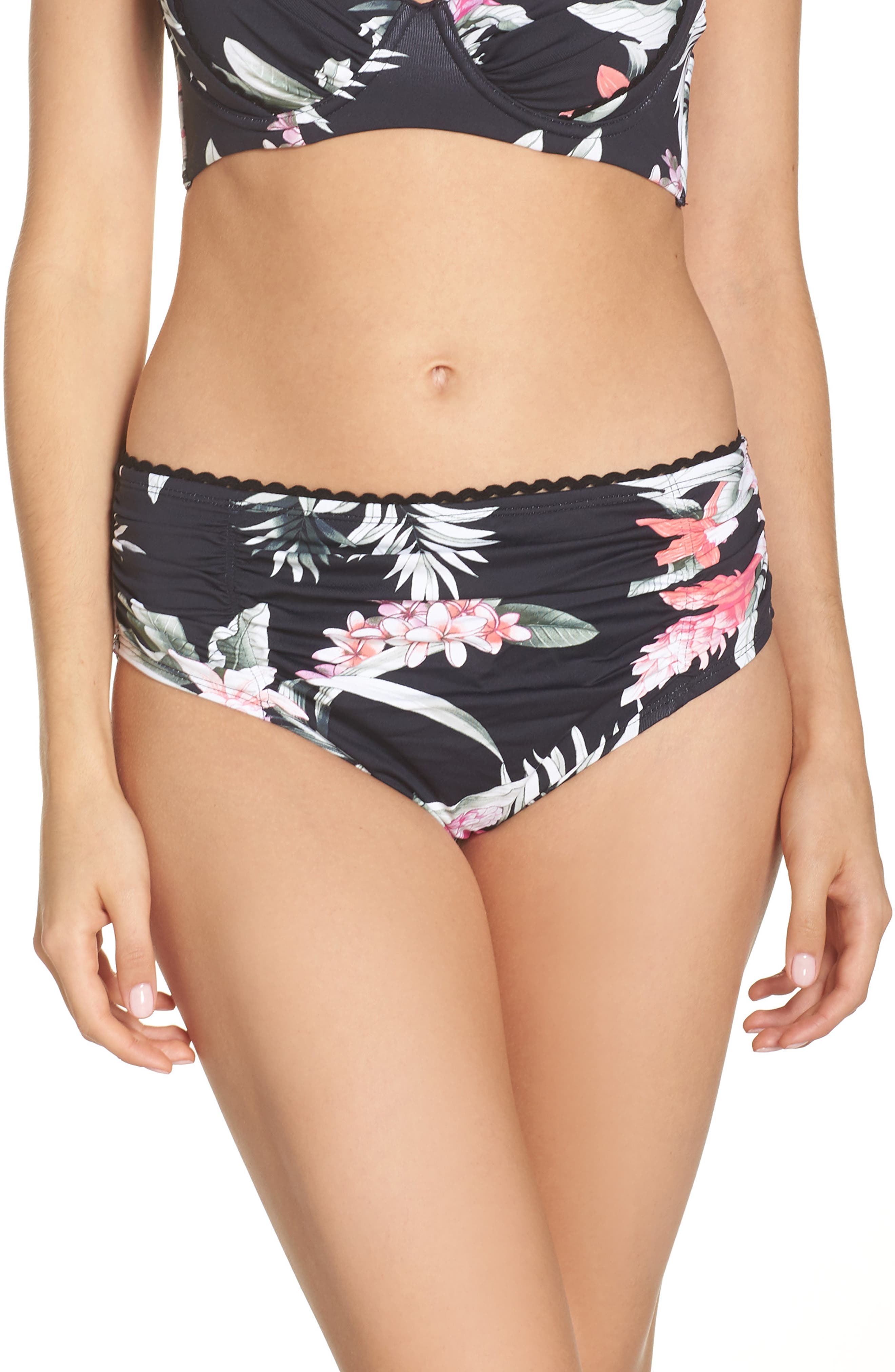 Tommy Bahama Ginger Flowers Shirred Bikini Bottoms, Black