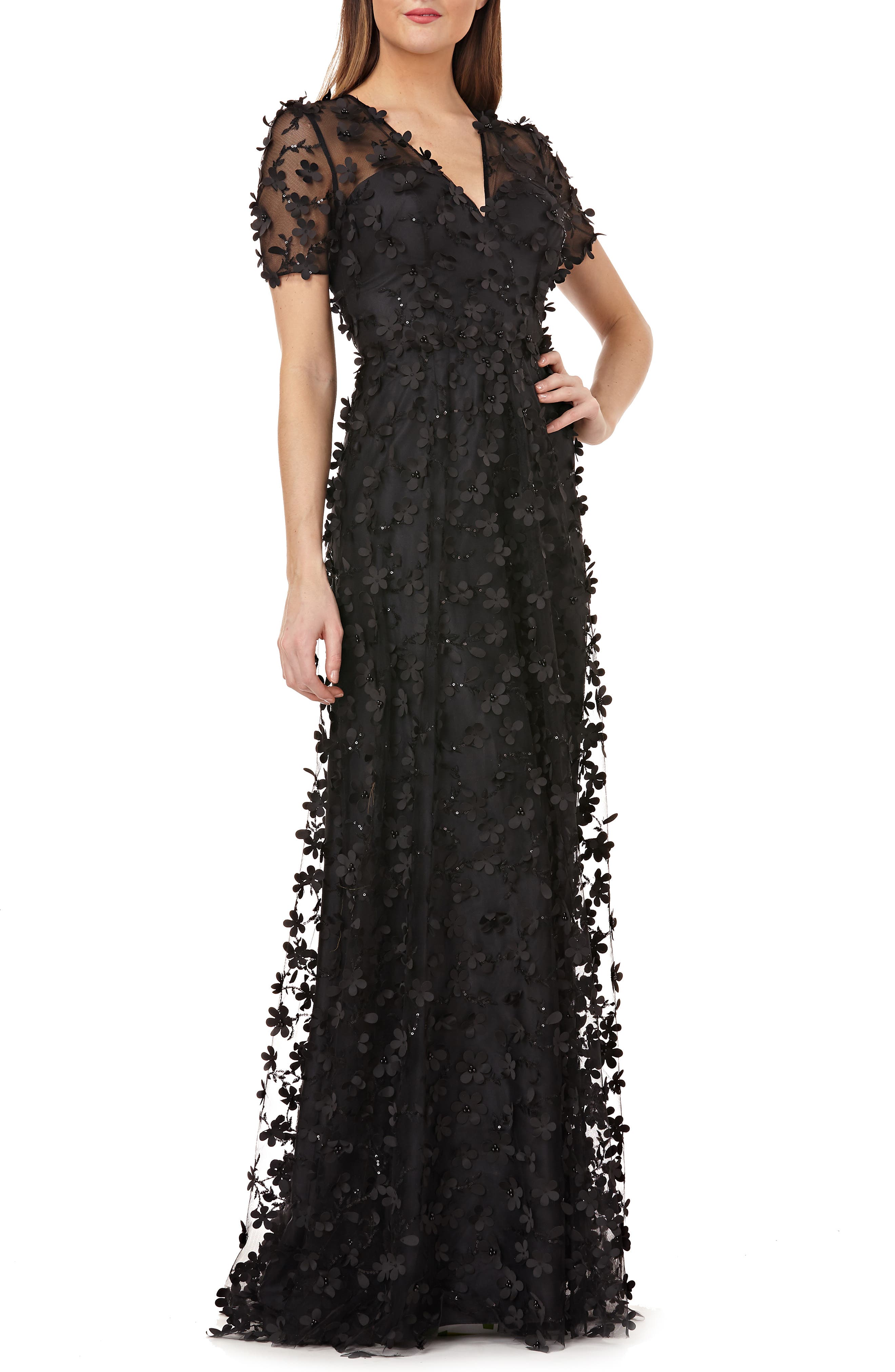 Carmen Marc Valvo Infusion 3D Novelty Gown, Black