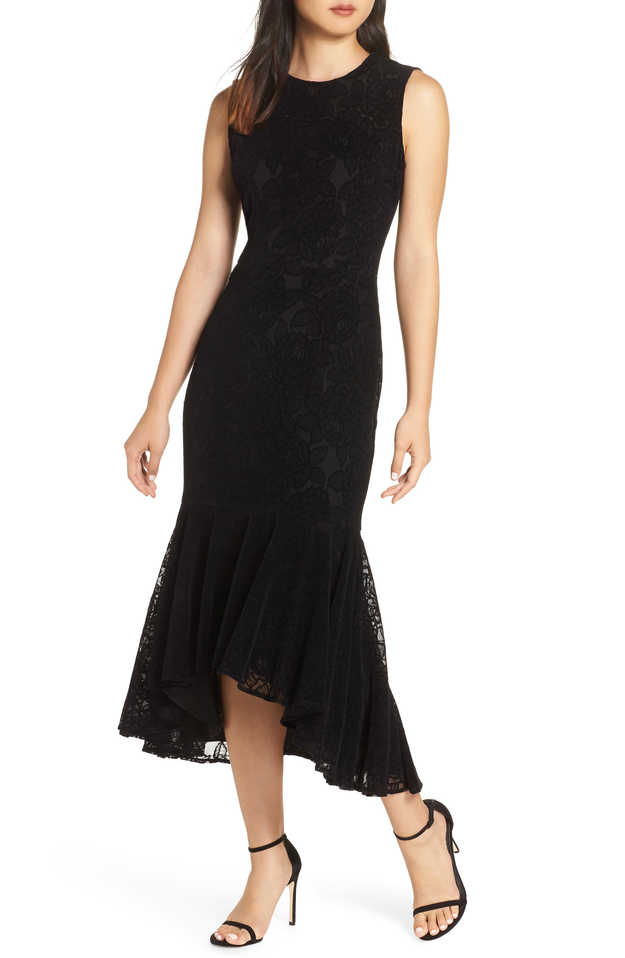 Maggy London Chantilly Velvet Lace Flounce Dress, Black