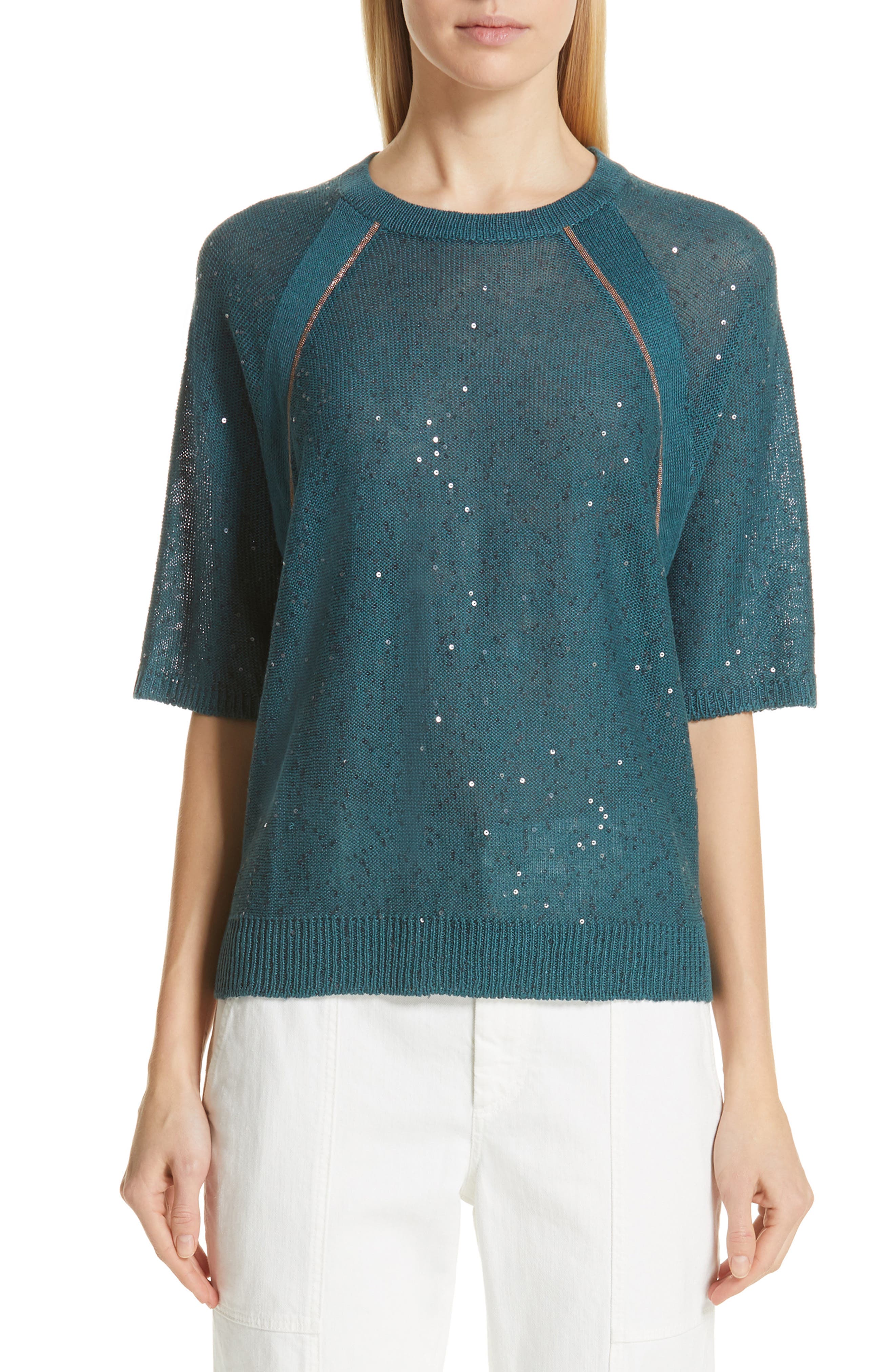 Brunello Cucinelli Sequin & Monili Embellished Linen & Silk Sweater, Blue