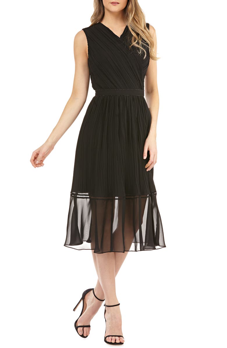 Kay Unger PLEATED CHIFFON FAUX WRAP COCKTAIL DRESS