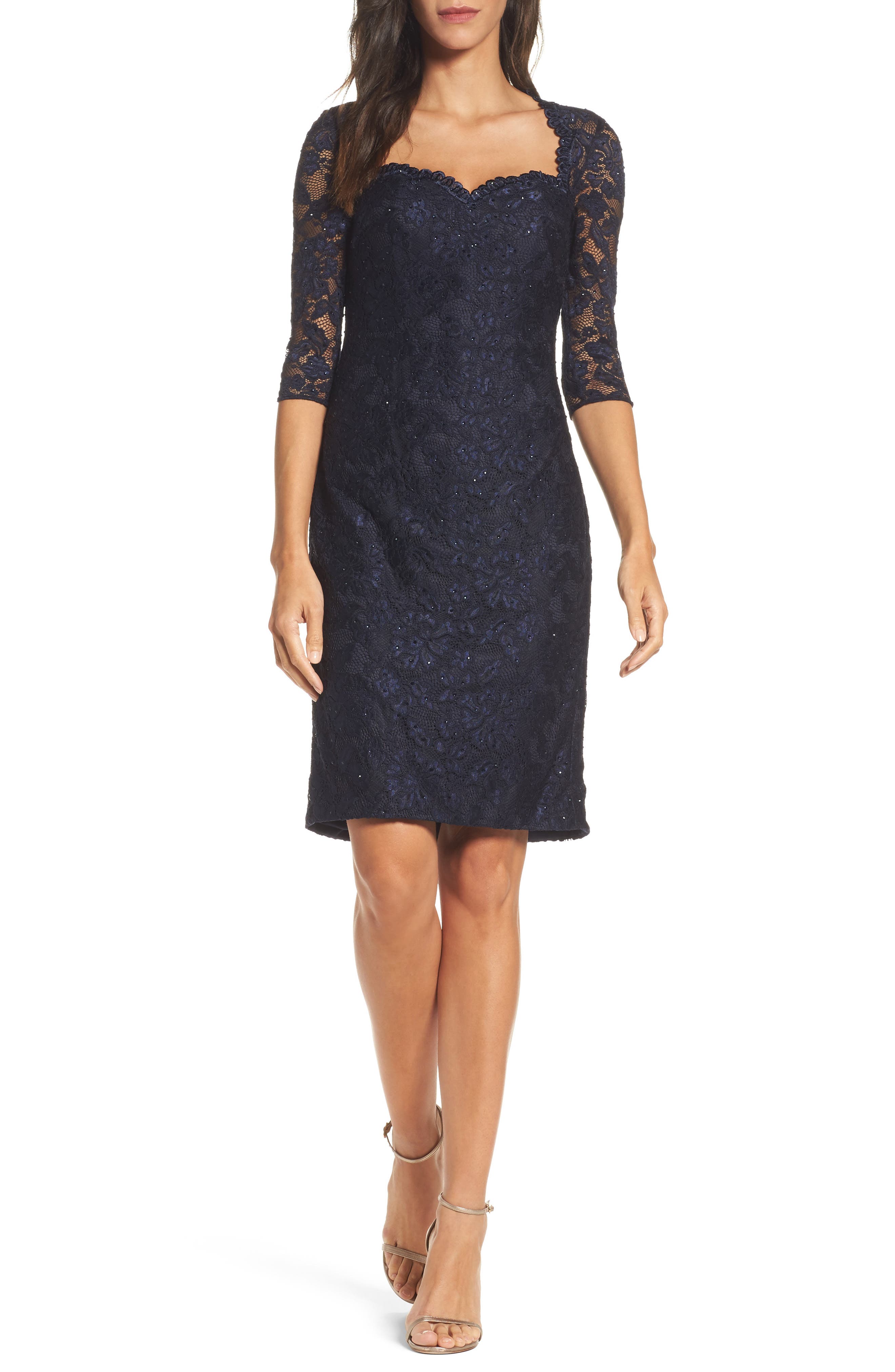 La Femme Sweetheart Lace Sheath Dress, Blue
