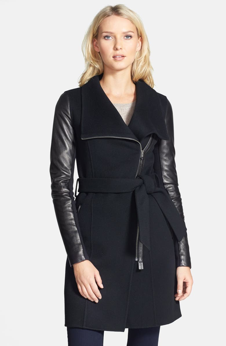 Mackage 'Hemy' Leather Sleeve Asymmetrical Long Coat | Nordstrom