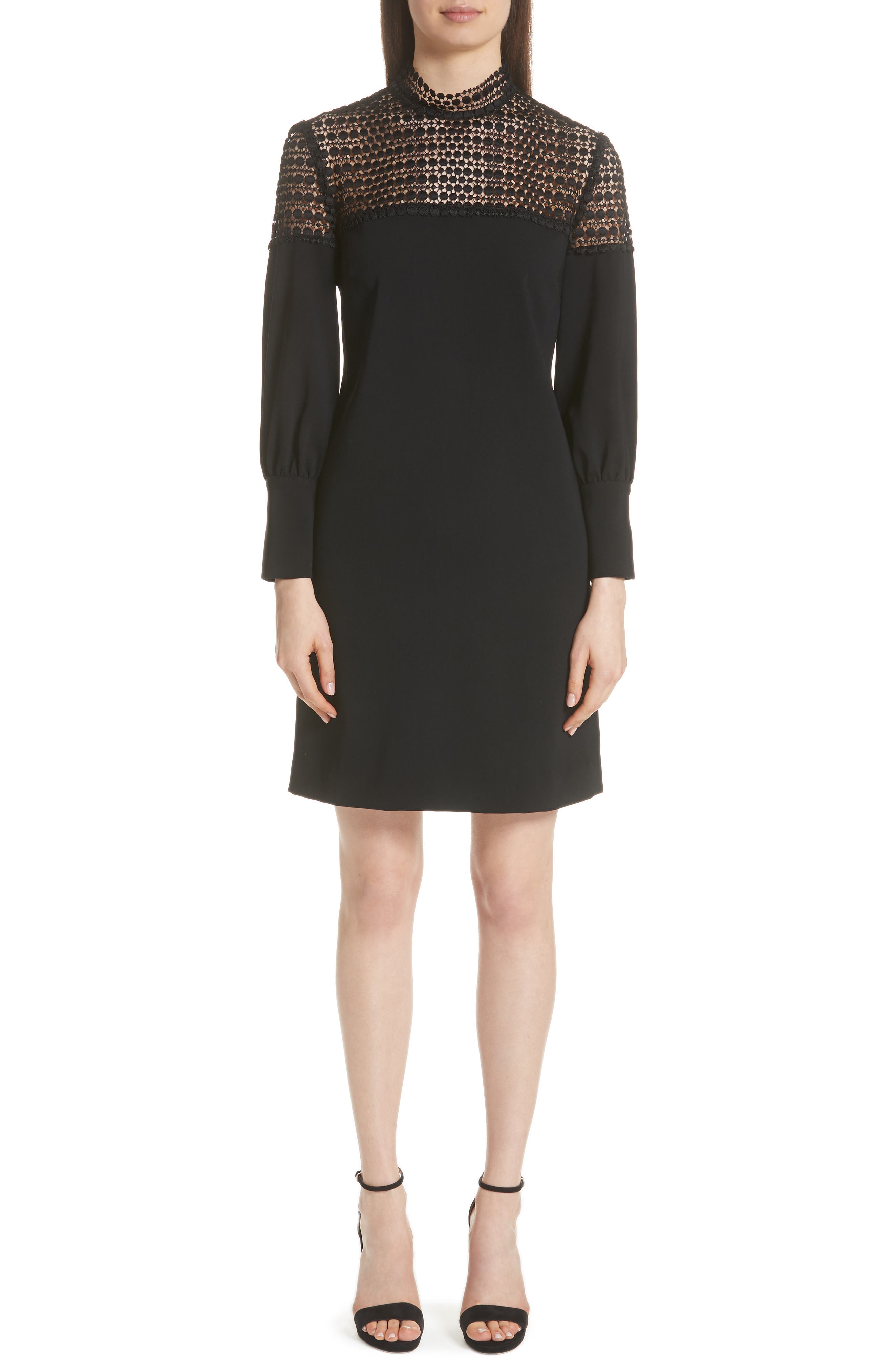 Lela Rose Dot Lace Yoke Dress, Black