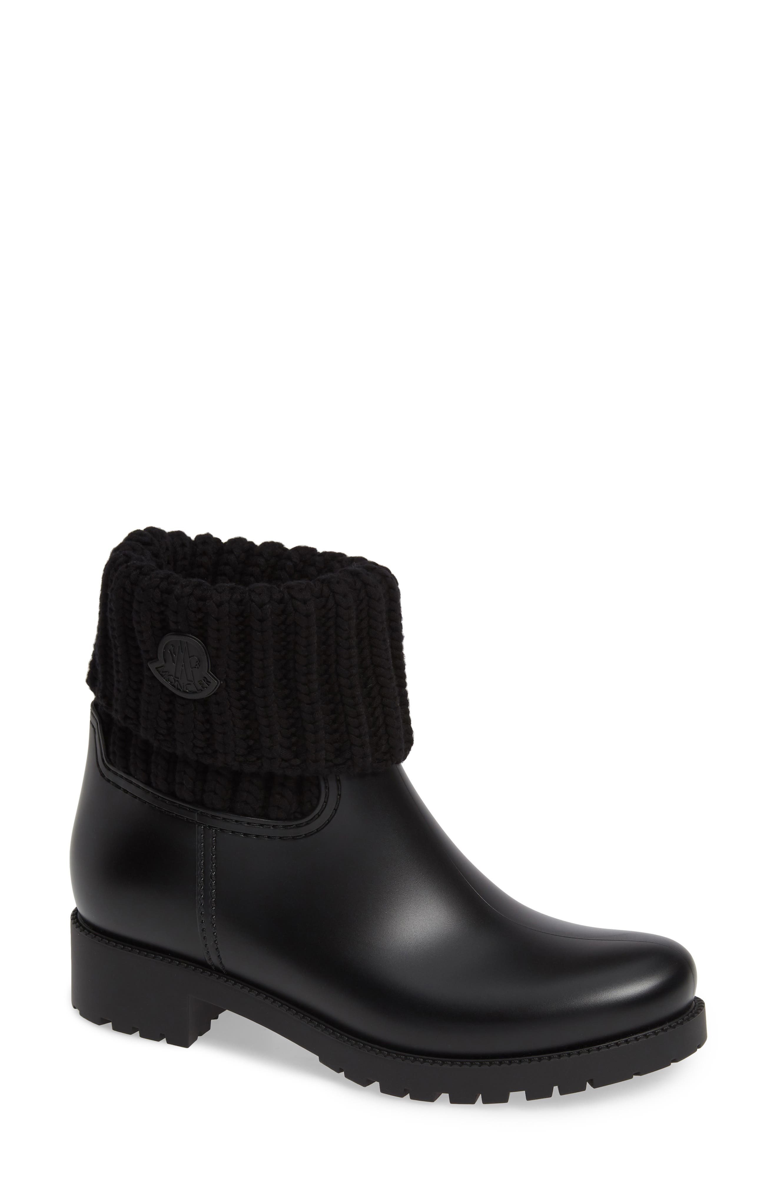 Moncler Ginette Stivale Knit Cuff Water Resistant Rain Boot, Black