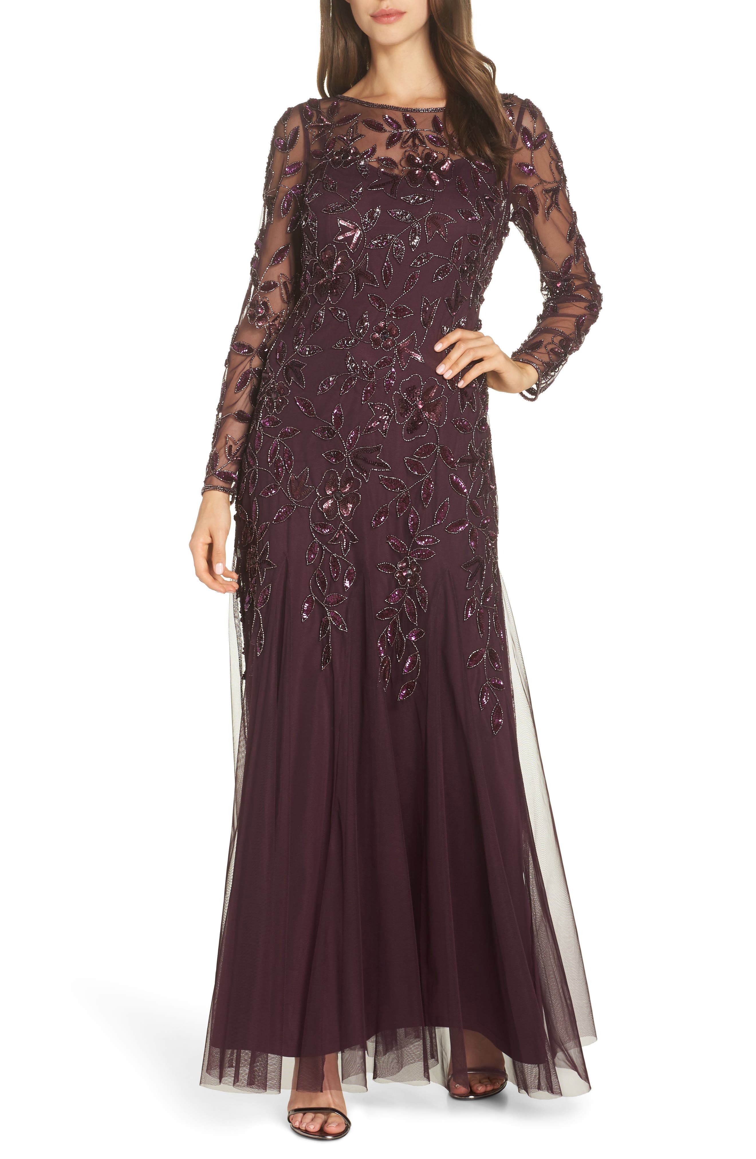 Adrianna Papell Floral Bead Embellished Gown, Purple