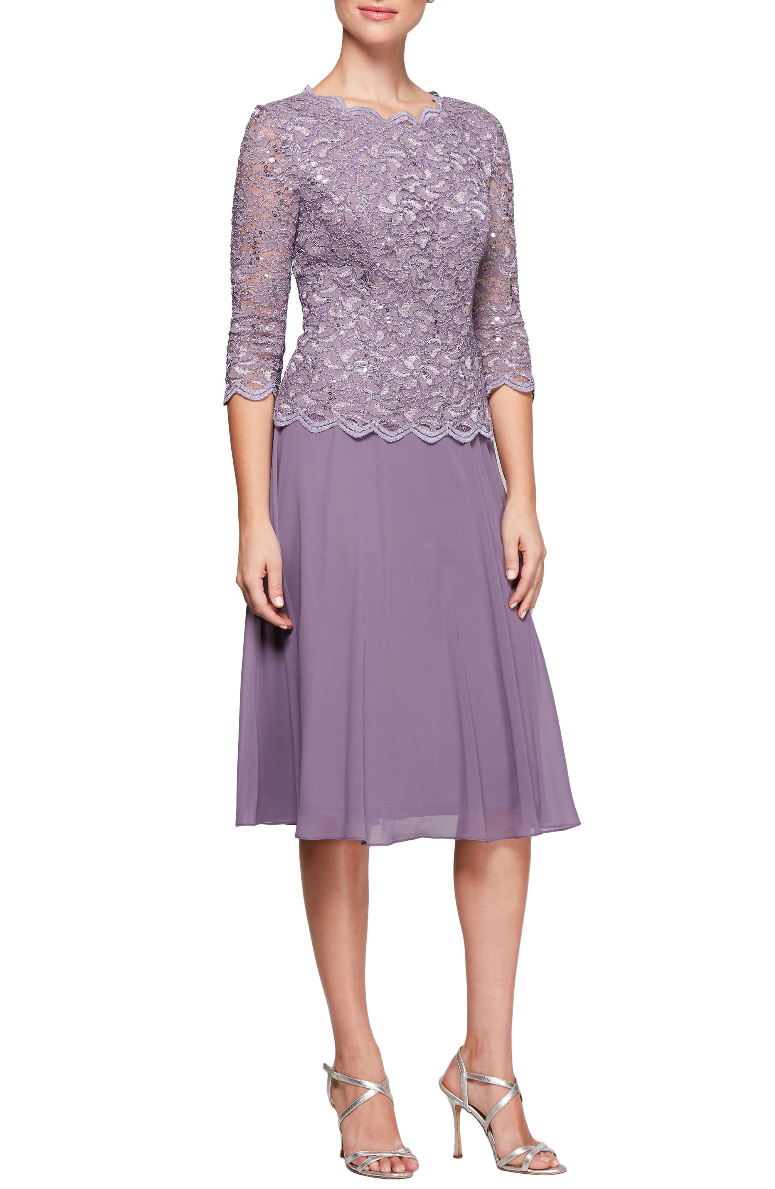 Alex Evenings Mock Two-Piece Tea Length Dress, Purple
