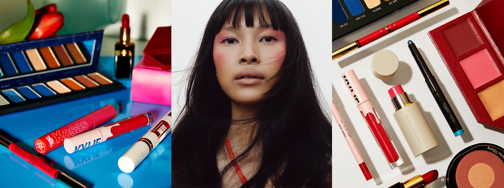A woman model with bright cheek and eye makeup.