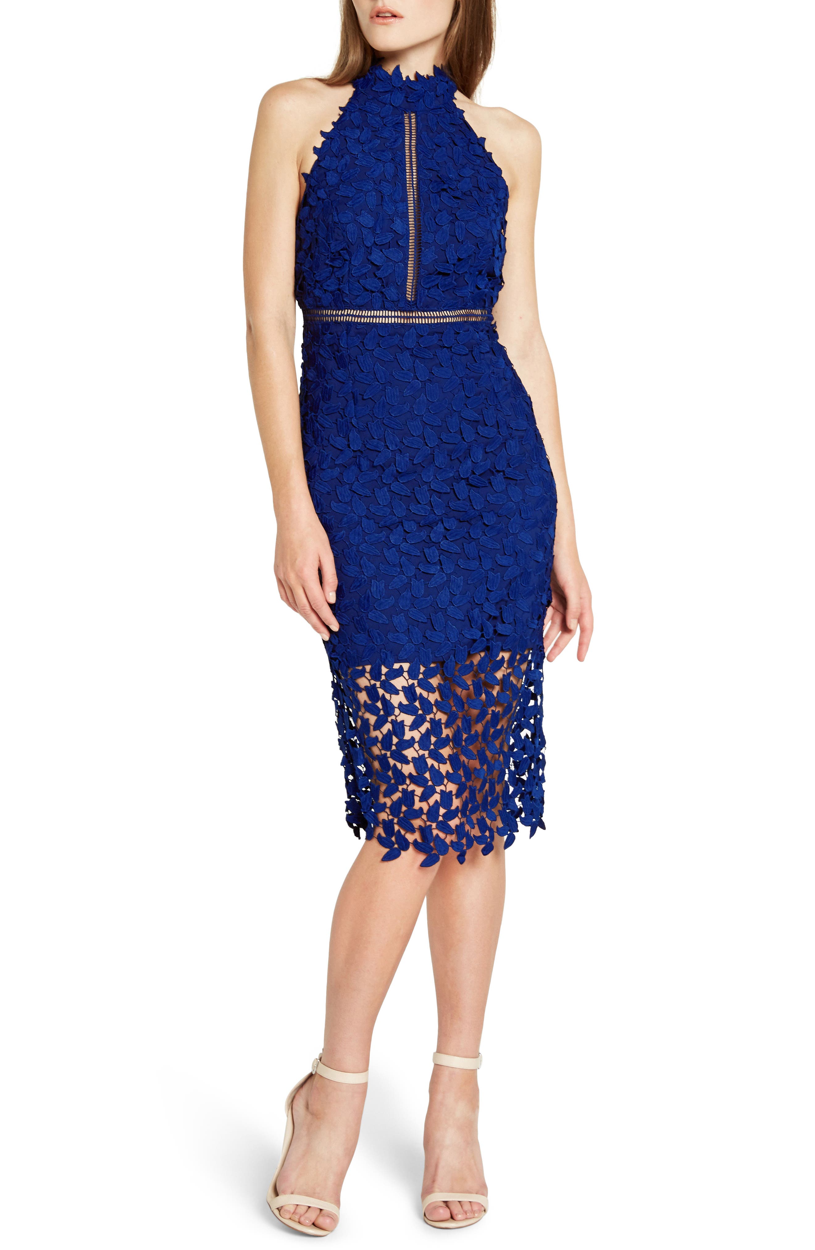 Bardot Gemma Halter Lace Sheath Dress, Blue