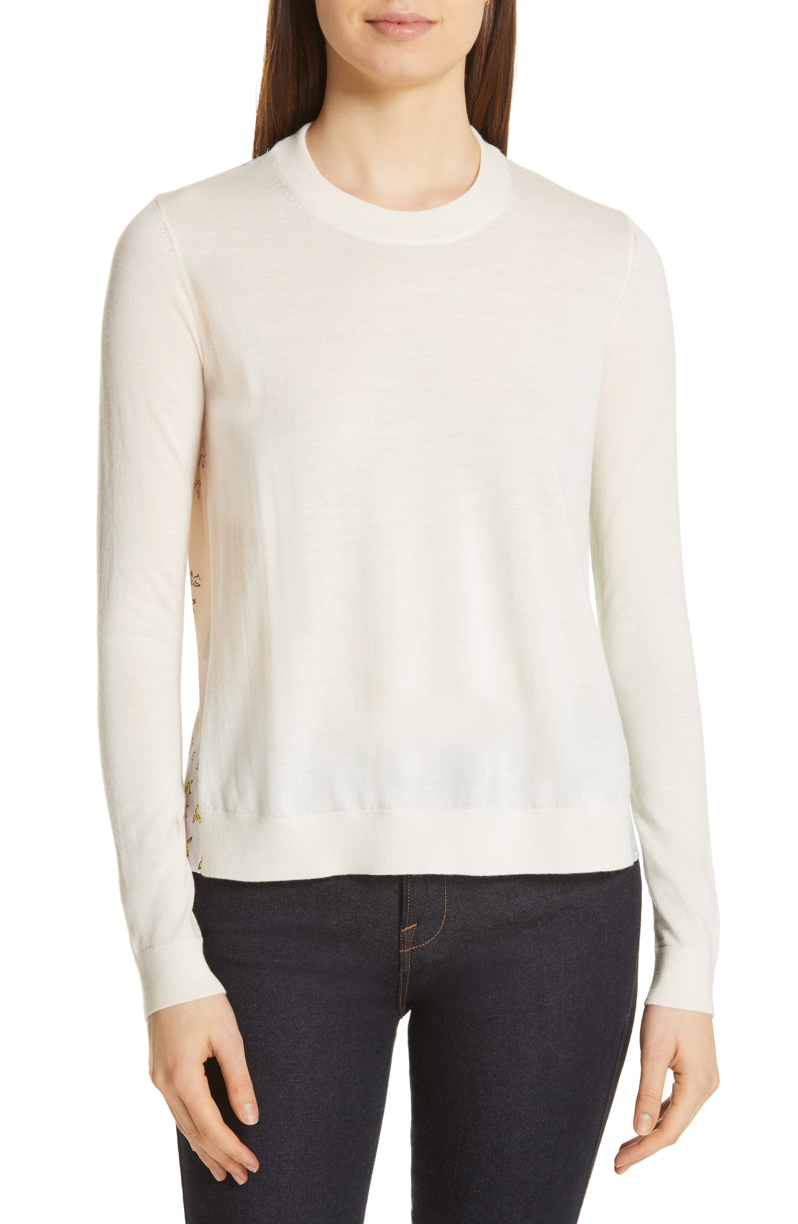 Tory Burch Silk Back Merino Wool Sweater, Ivory