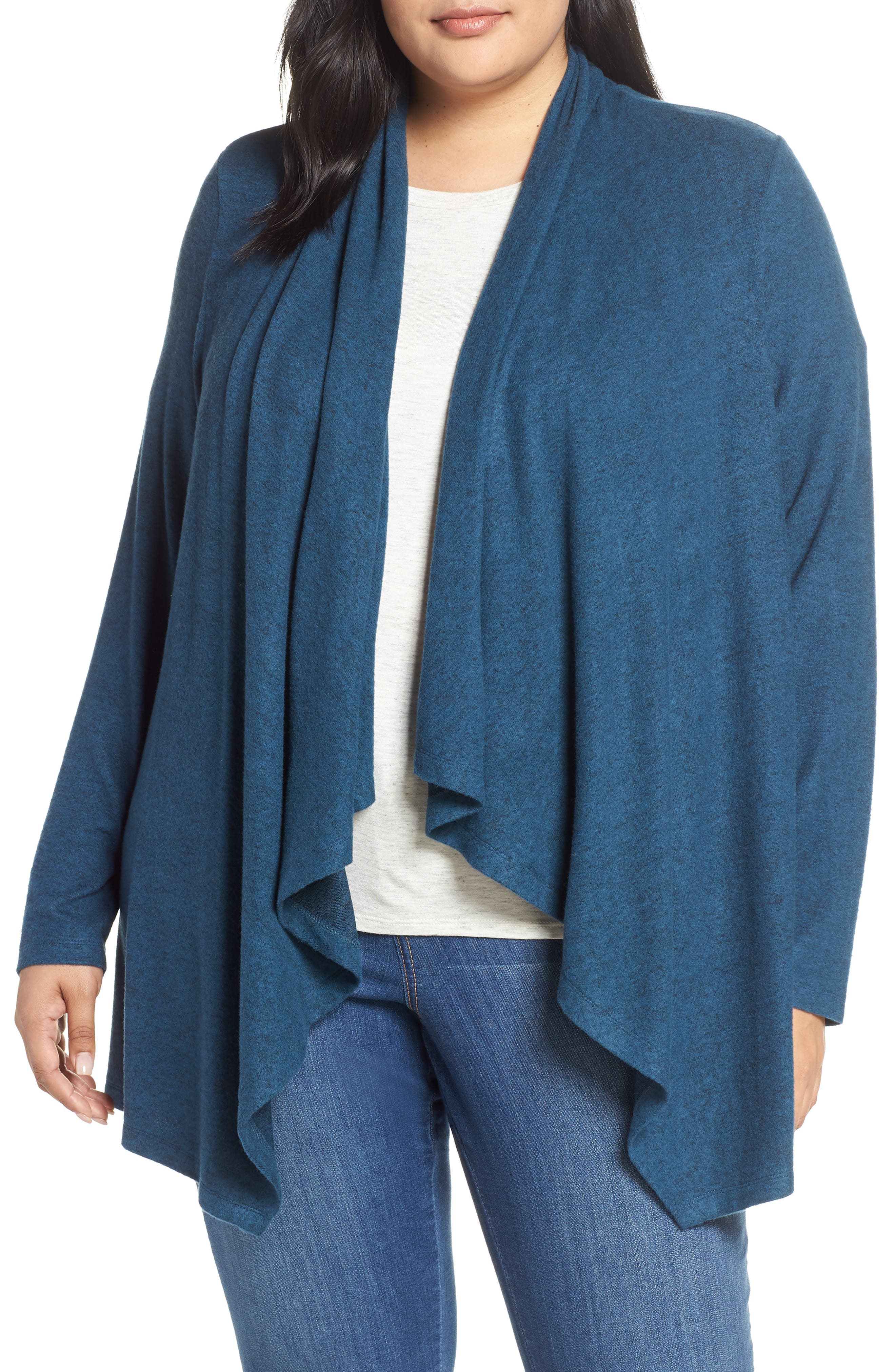 Plus Size Bobeau Amie Waterfall Cardigan, Blue/green