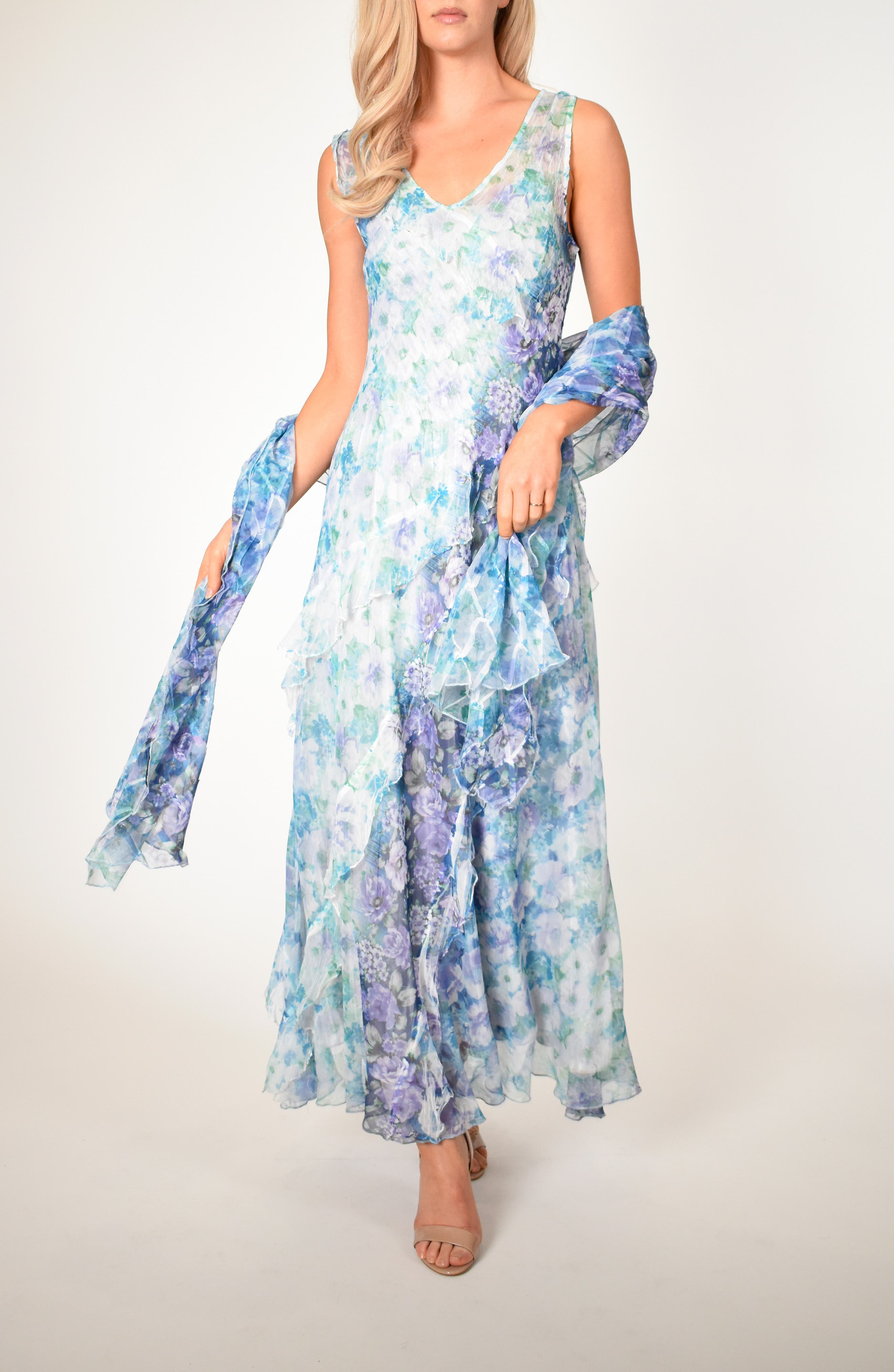 Petite Komarov Floral Side Ruffle Maxi Dress With Matching Shawl, Blue