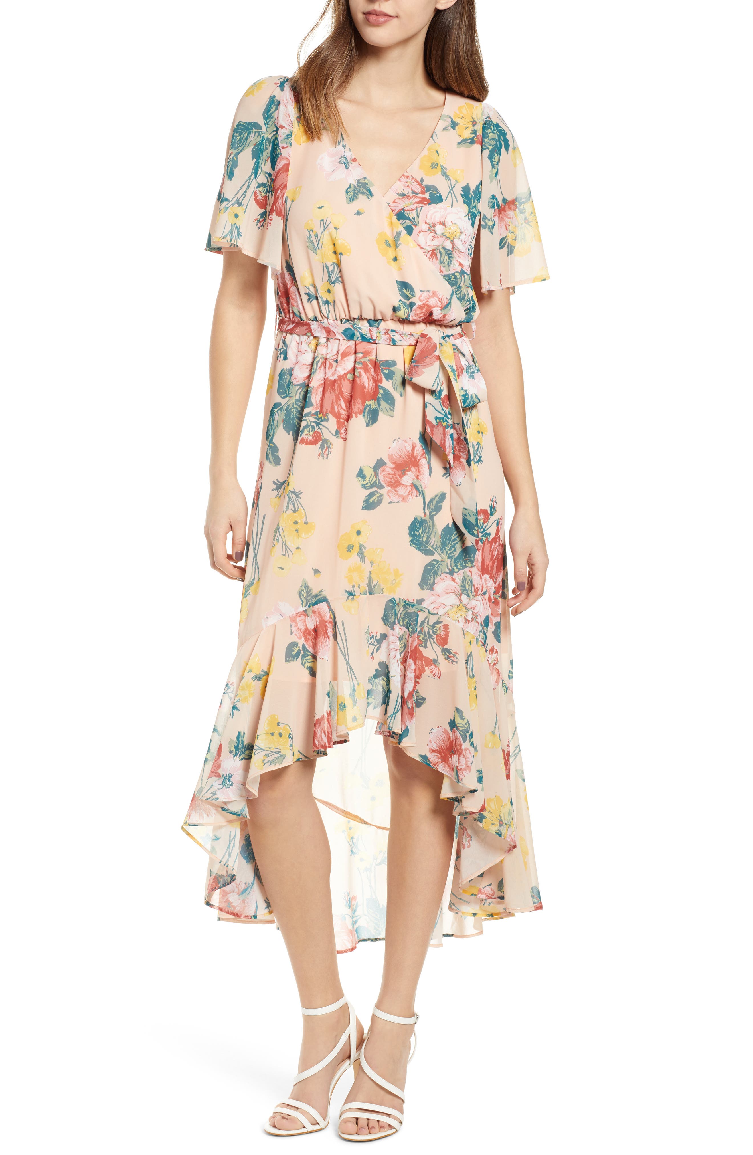 Leith Flutter Sleeve High/low Dress, Coral