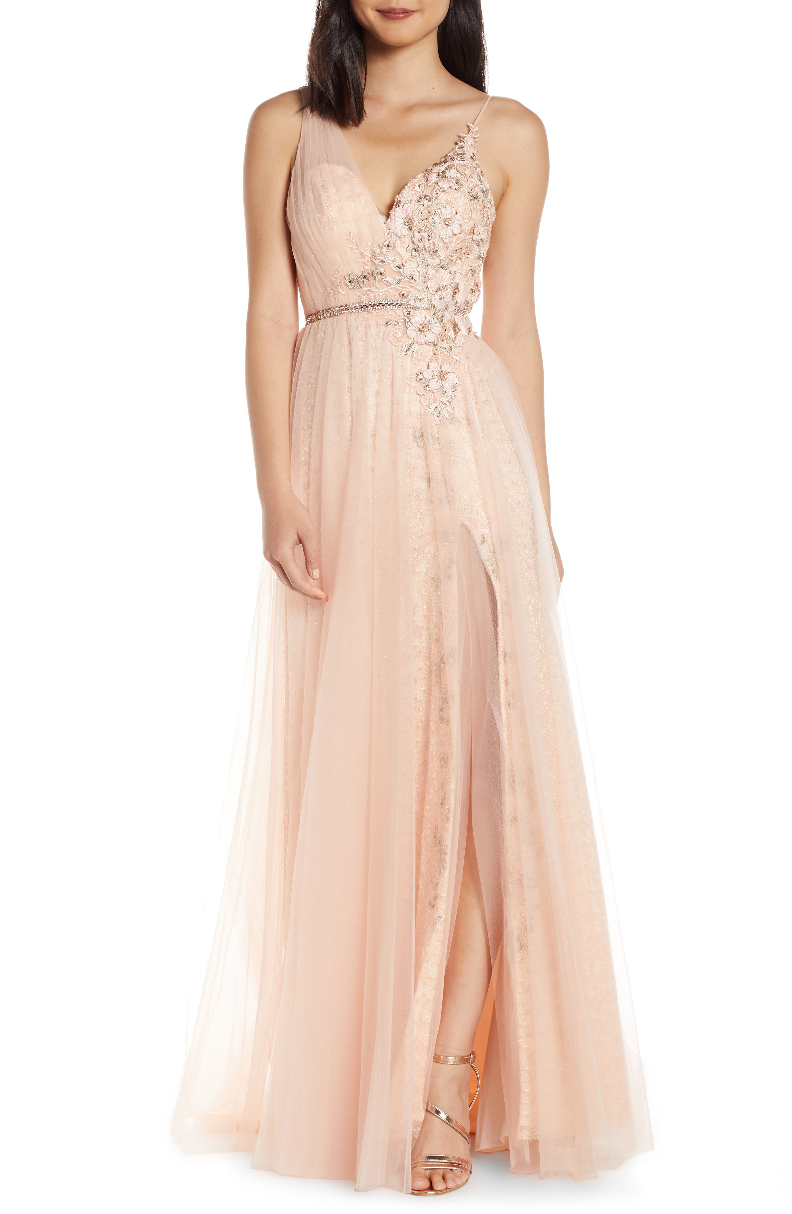 MAC Duggal Beaded Applique Lace Prom Dress, Pink