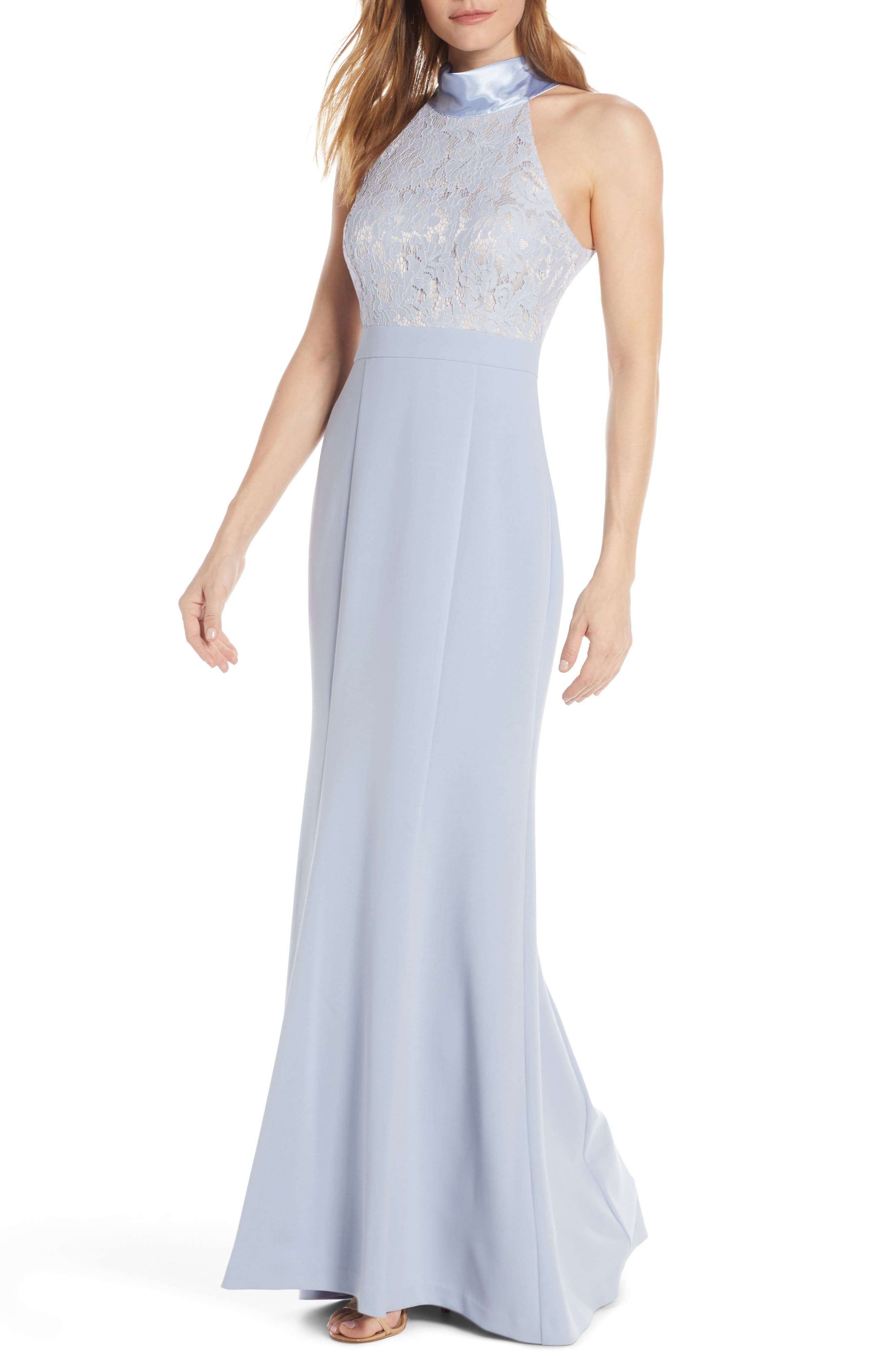 Eliza J Halter Neck Lace & Crepe Mermaid Gown, Blue