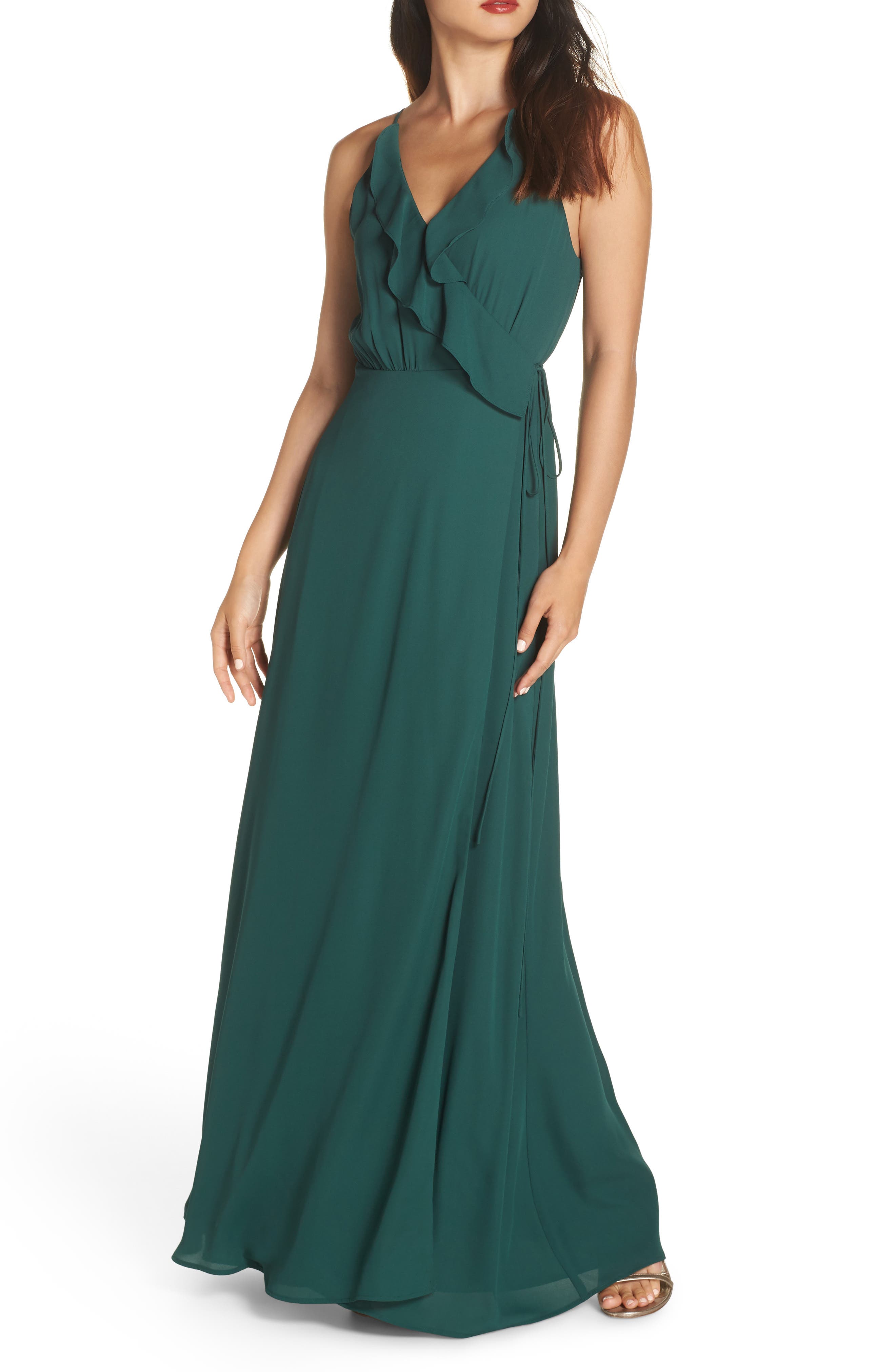 Wayf Jamie Ruffle Wrap Gown, Green