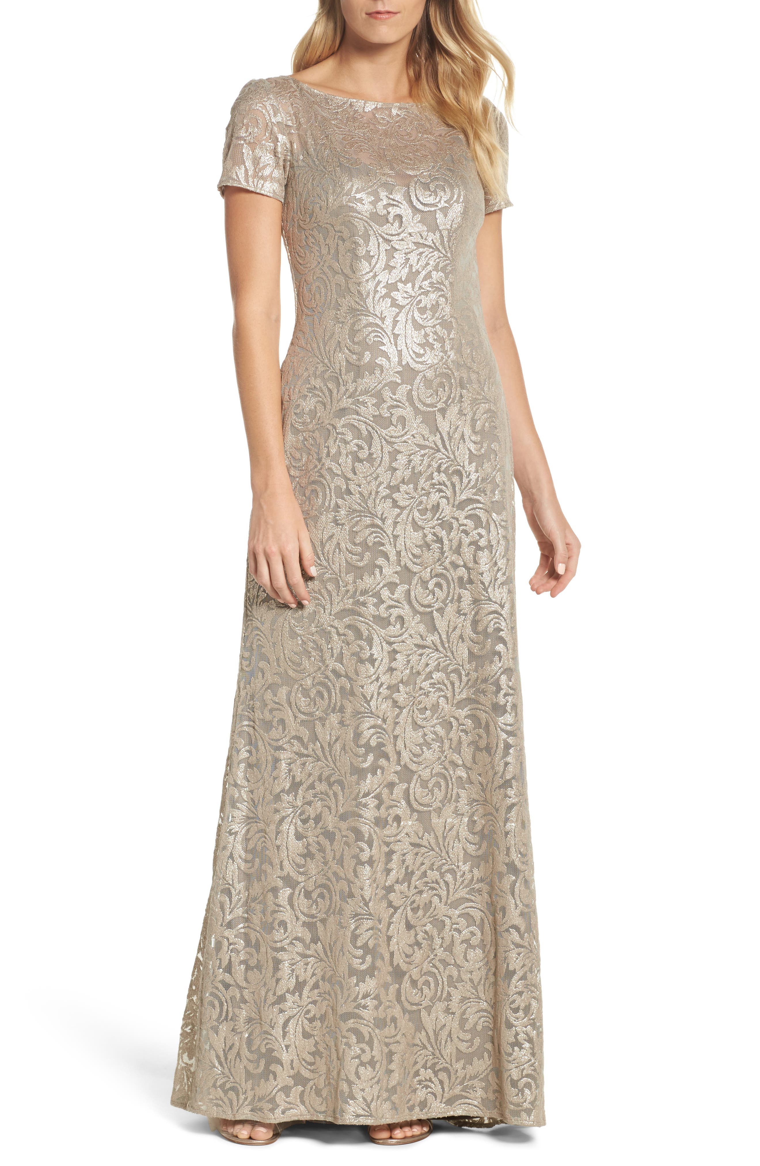 La Femme Shimmer Jacquard Gown, Metallic