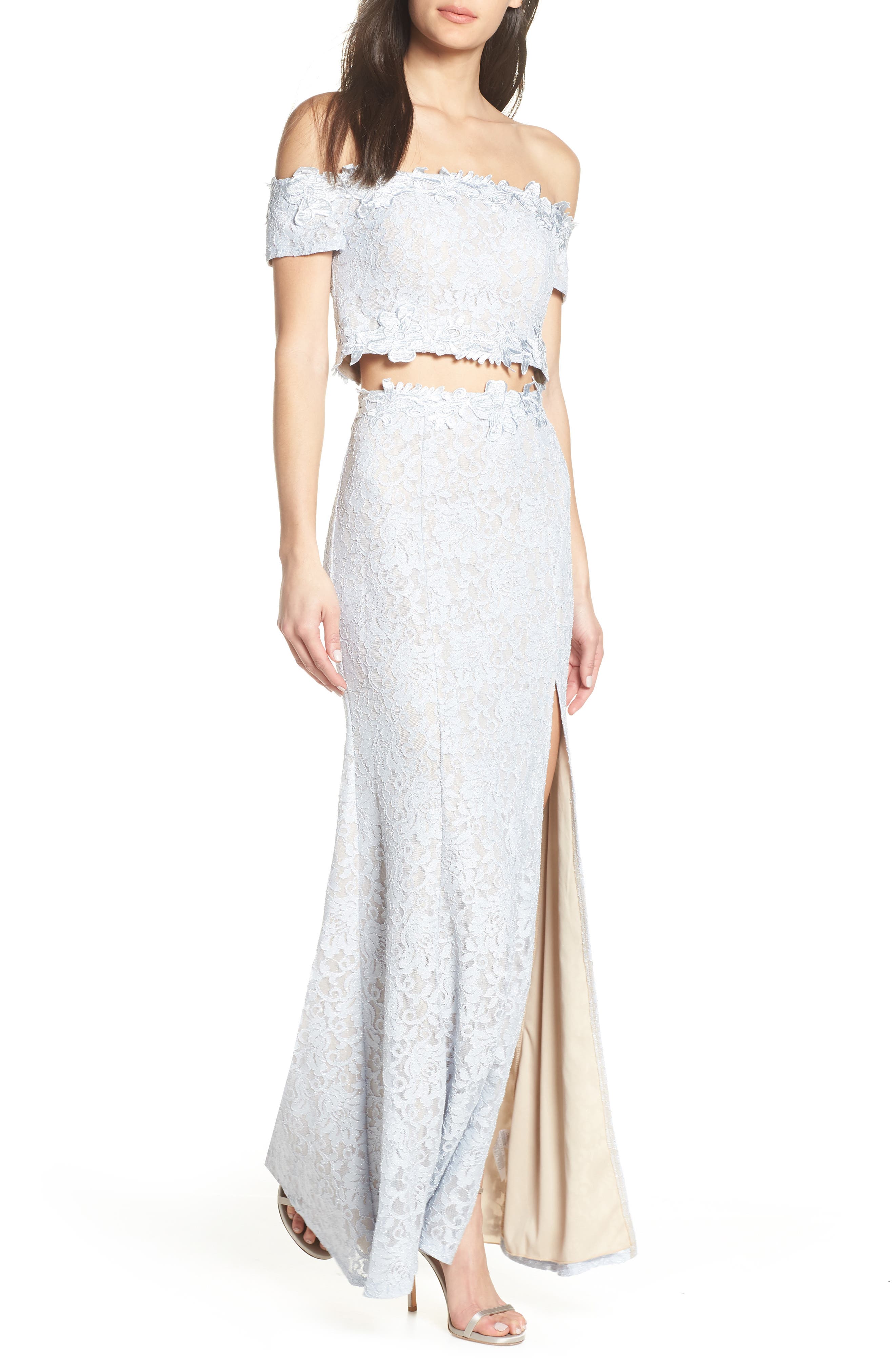 Sequin Hearts Two-Piece Off The Shoulder Lace Evening Dress, Grey