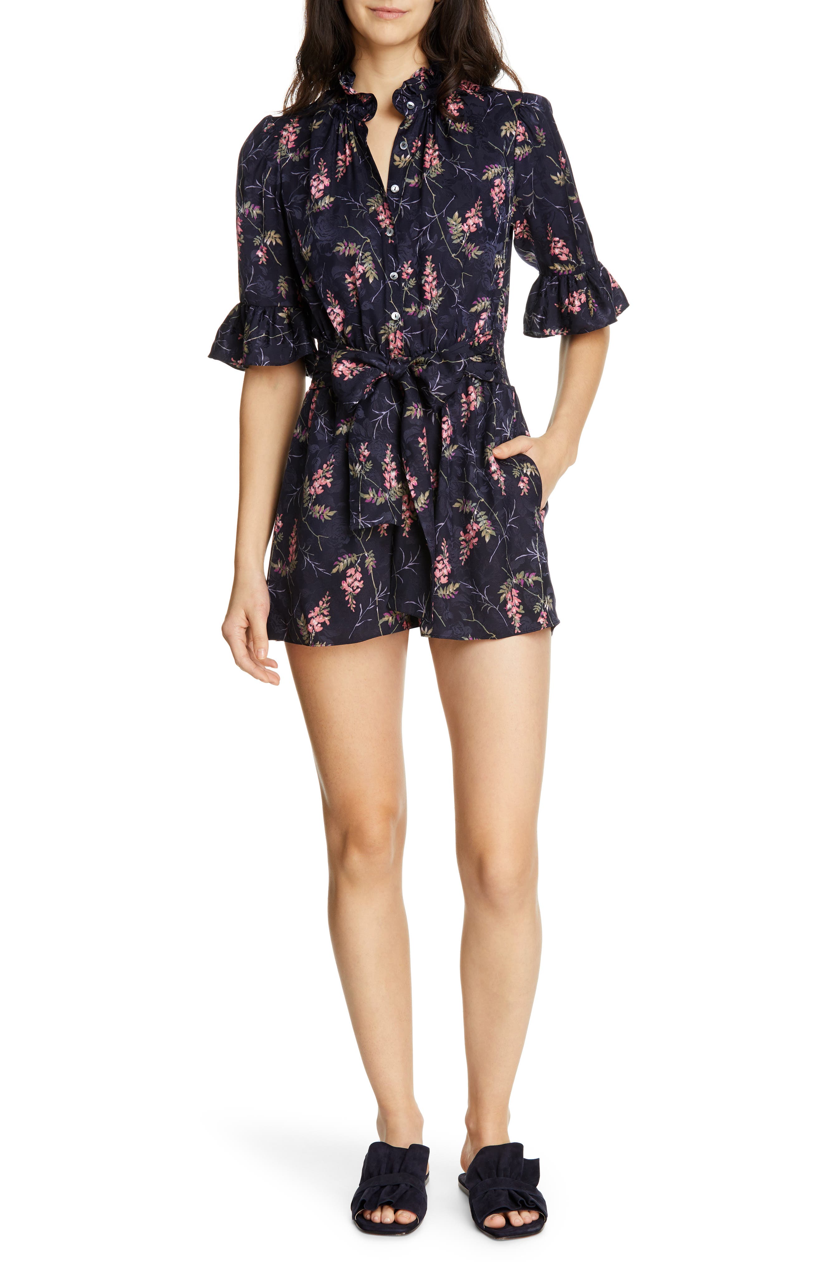 Rebecca Taylor Ivie Floral Silk Blend Romper, Blue
