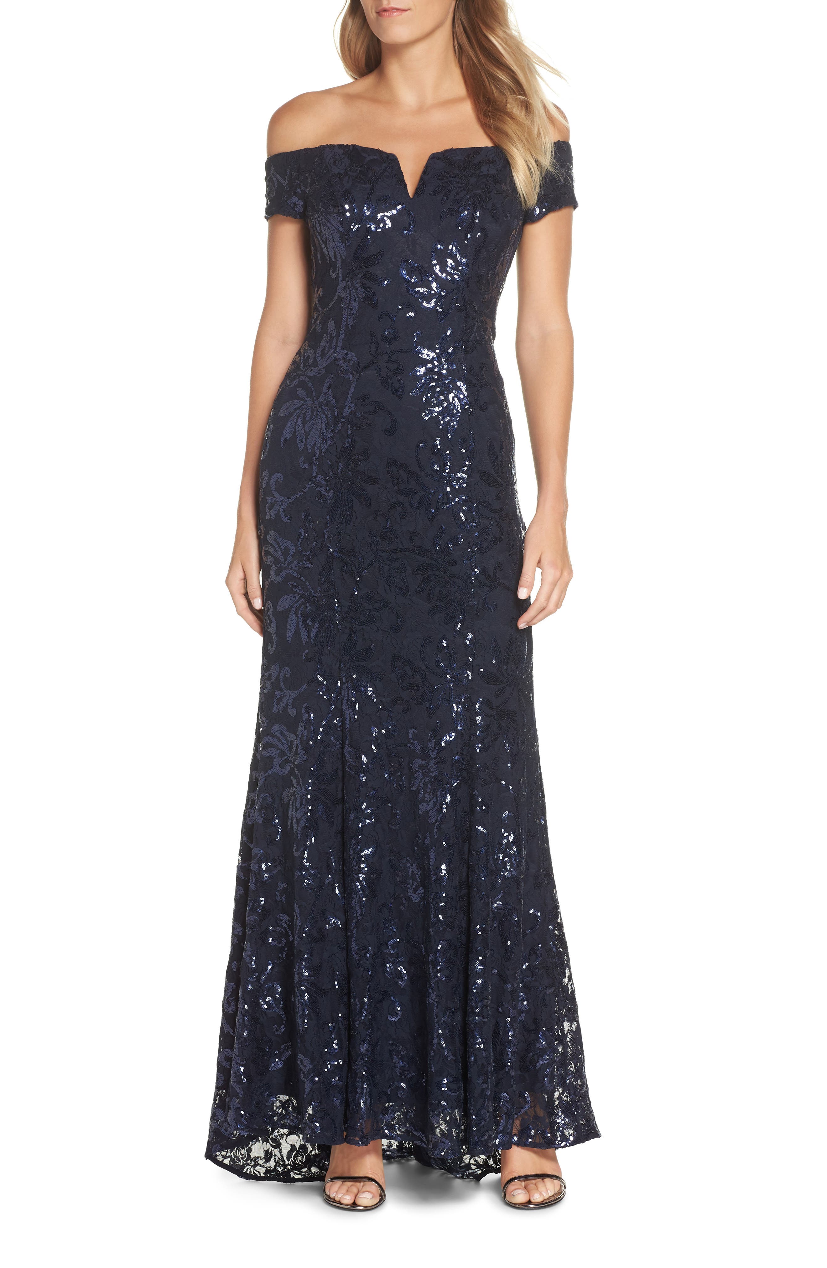 Vince Camuto Off The Shoulder Sequin Embellished Gown