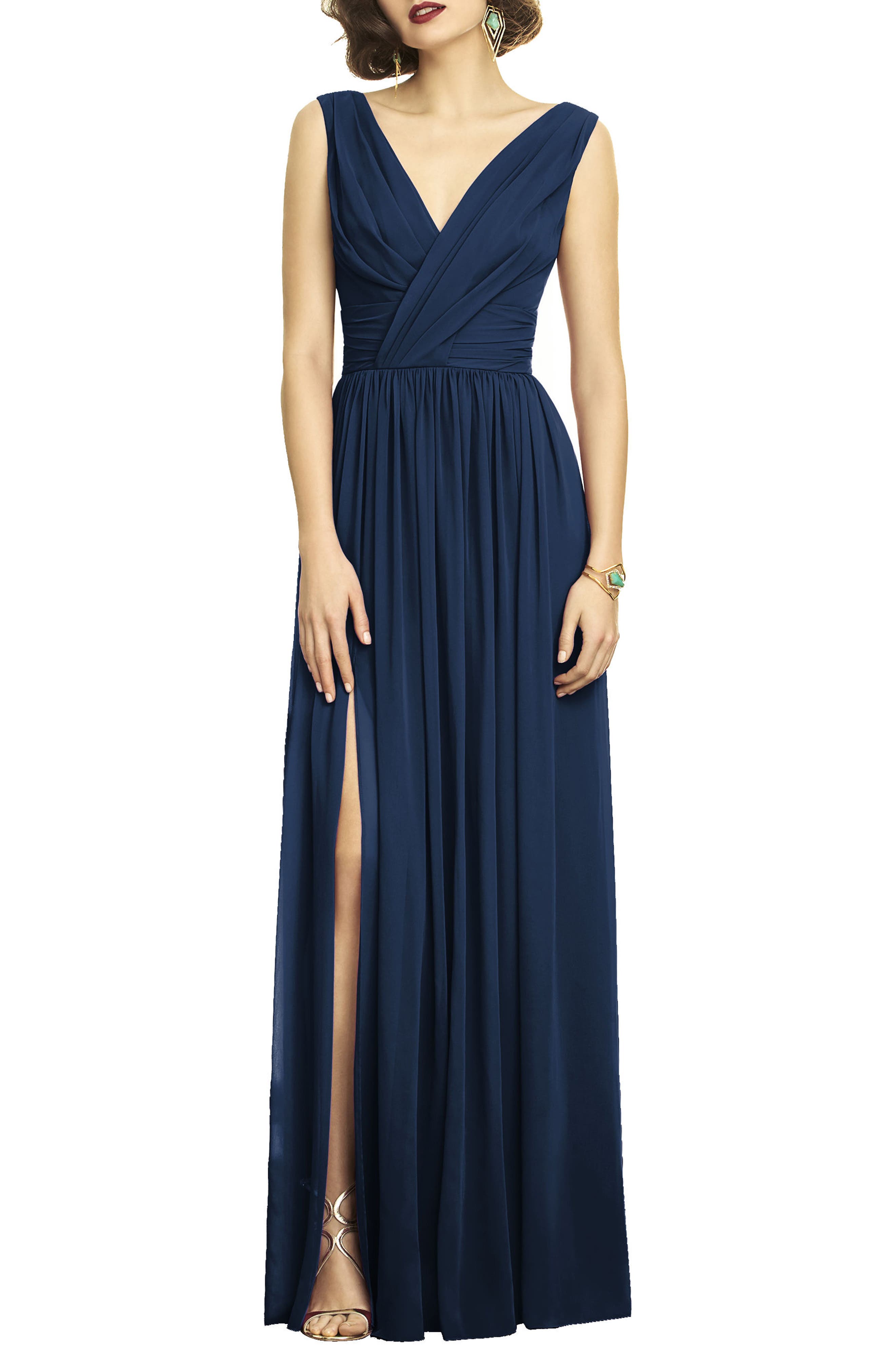 Dessy Collection Surplice Ruched Chiffon Gown, Blue
