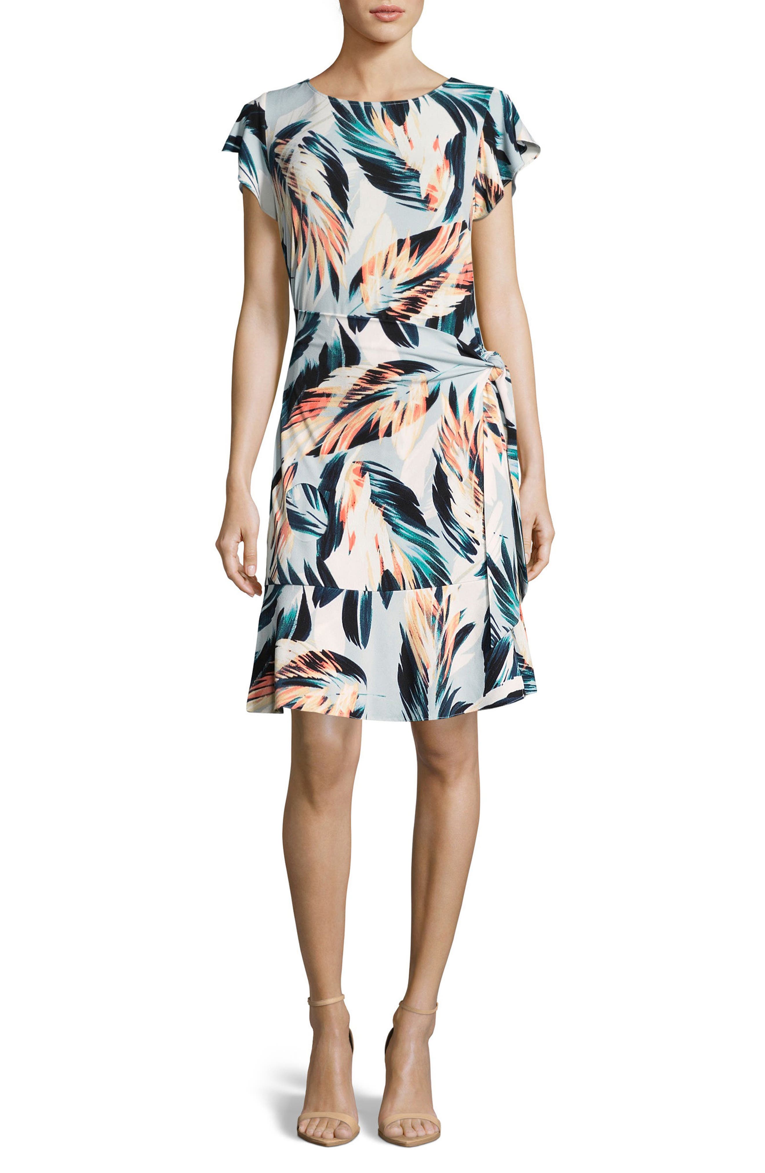 Eci Side Tie Print Dress, Beige