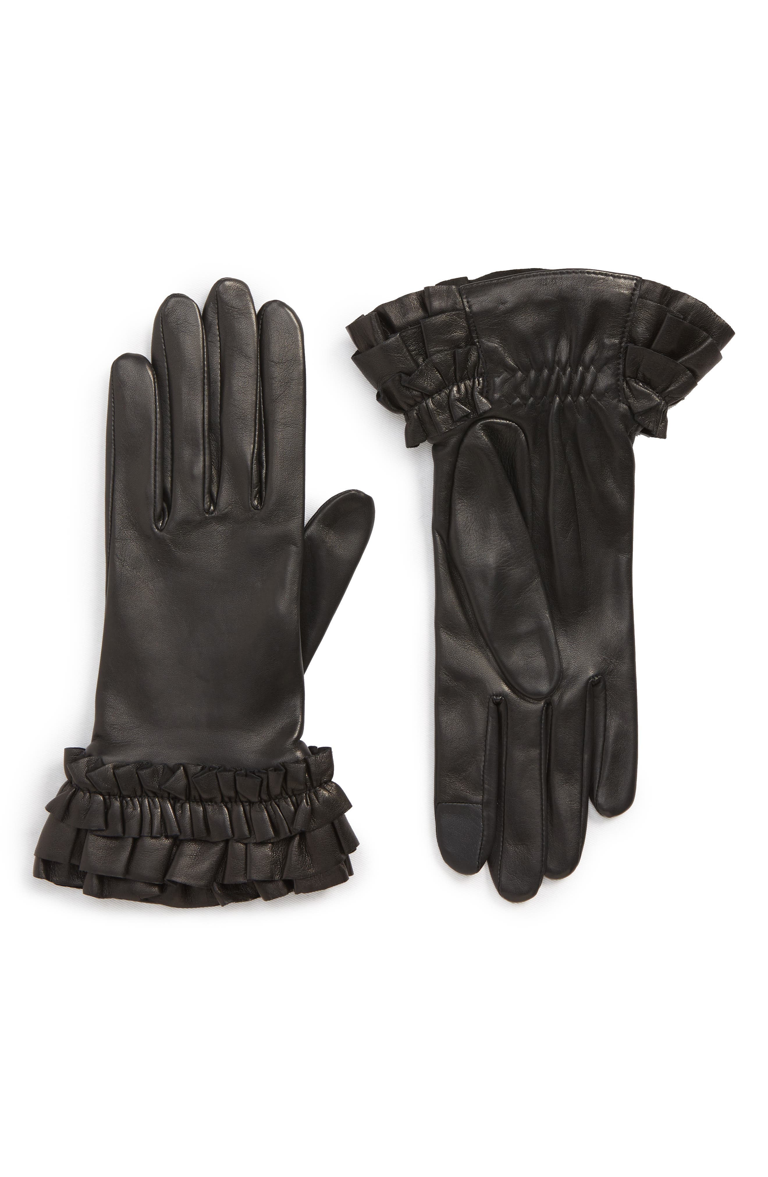 Agnelle Frill Cuff Lambskin Leather Gloves, Black