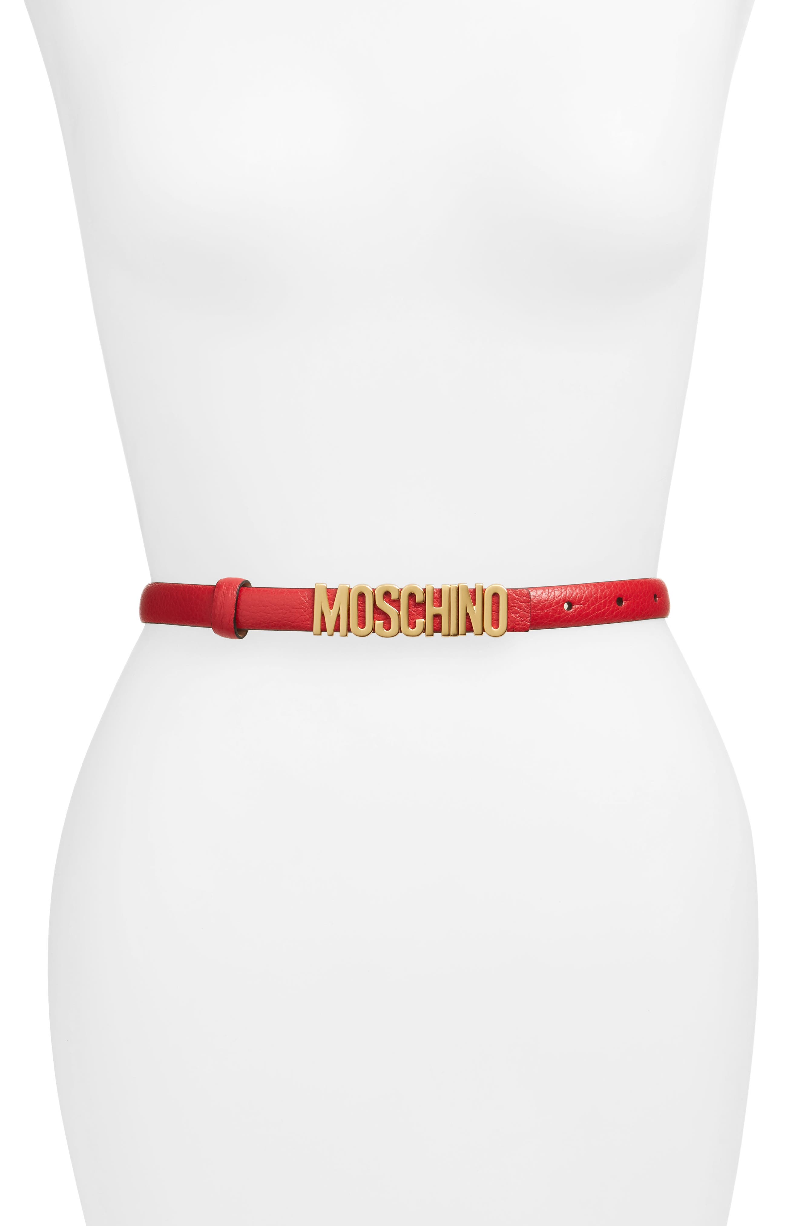 Moschino Logo Plate Skinny Leather Belt, Red/ Brushed Gold