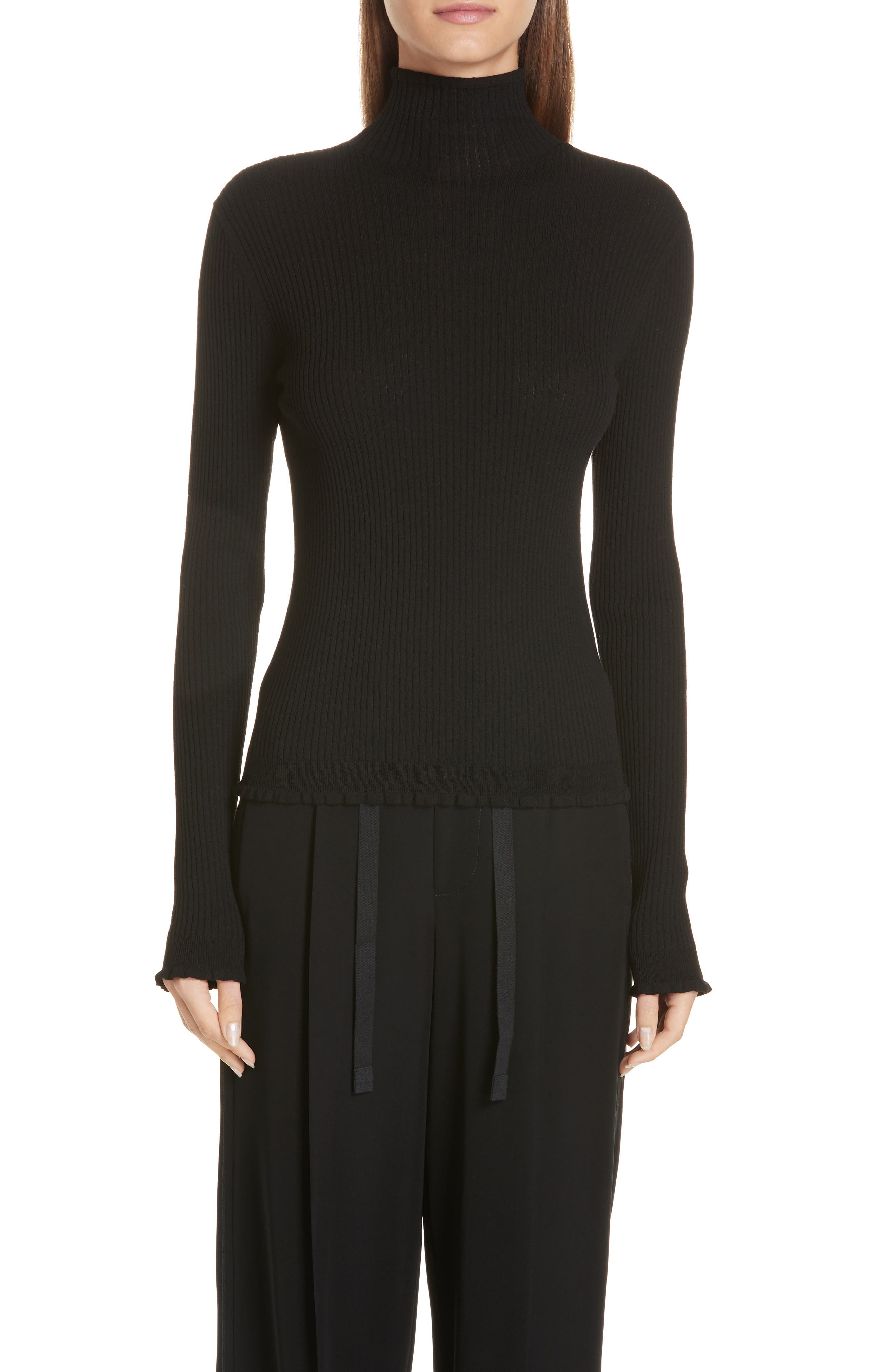 Vince Lettuce Edge Mock Neck Merino Wool Sweater, Black