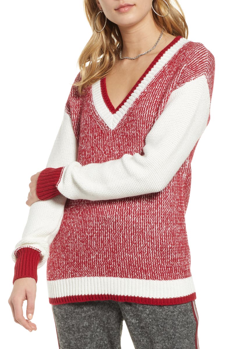 Marled V-Neck Sweater, Main, color, RED CHILE- WHITE COMBO