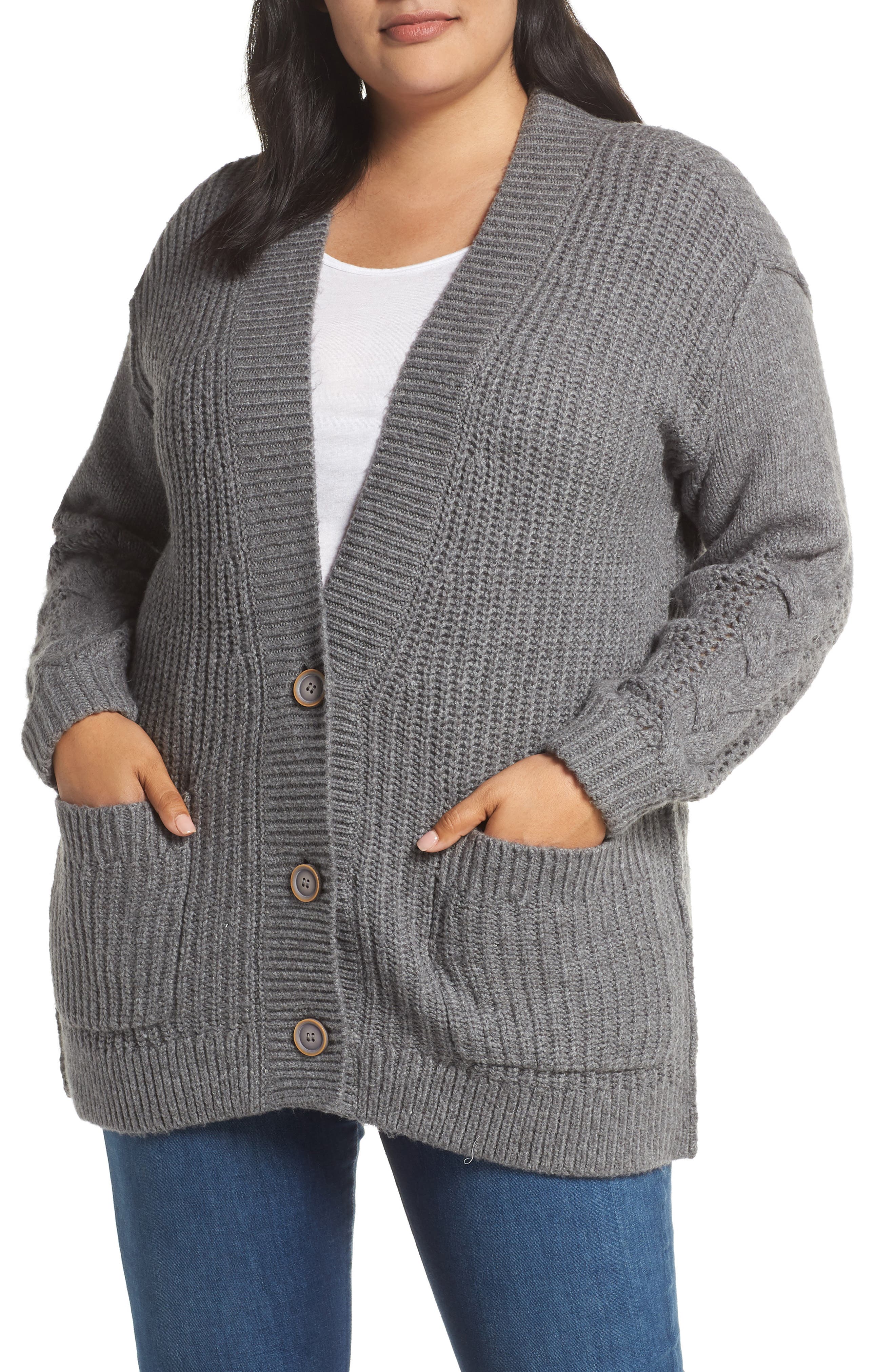 Plus Size Caslon Cable Knit Sleeve Cardigan, Grey