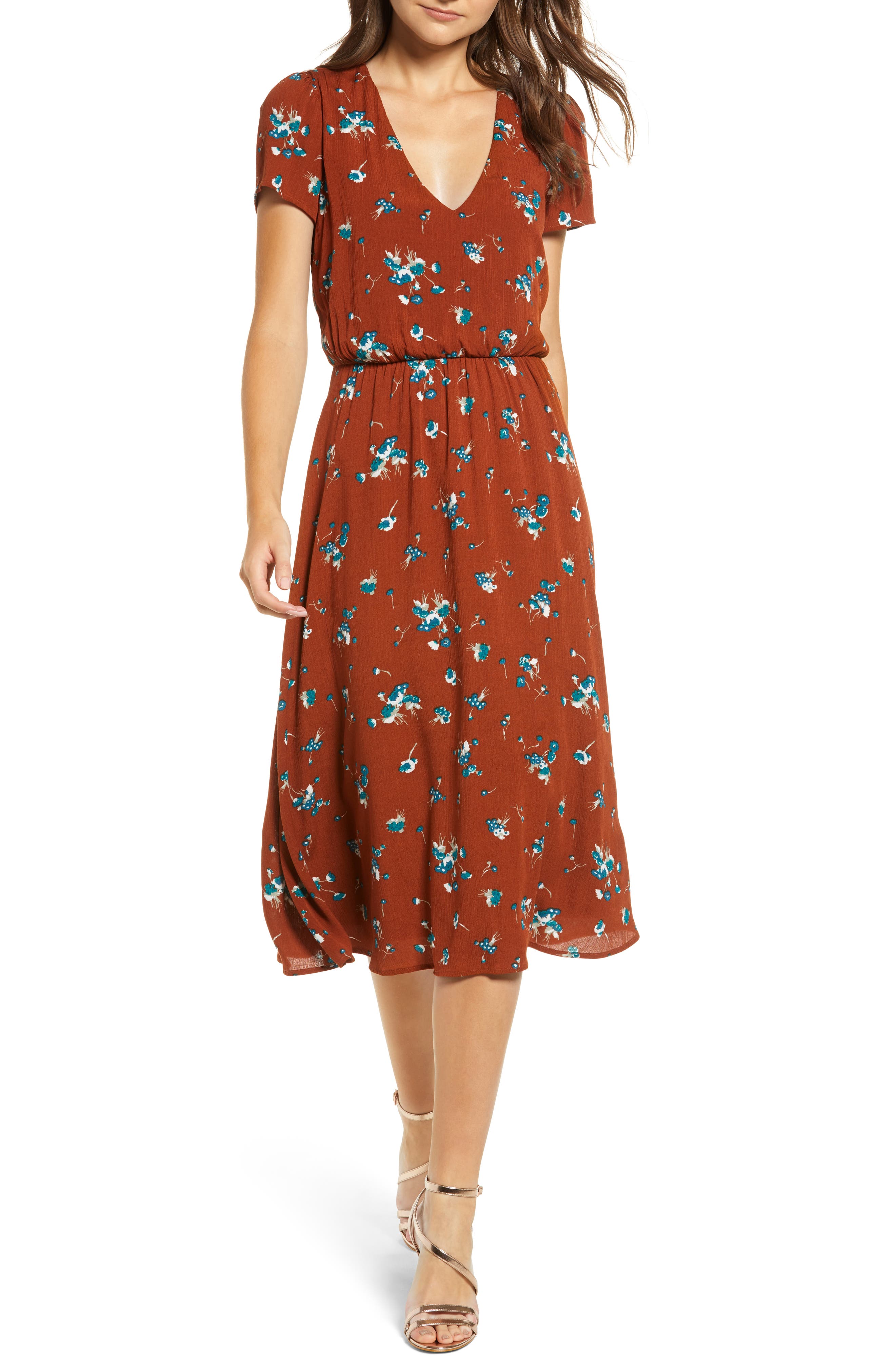 Blouson Midi Dress, Main, color, BROWN SPICE FLORAL
