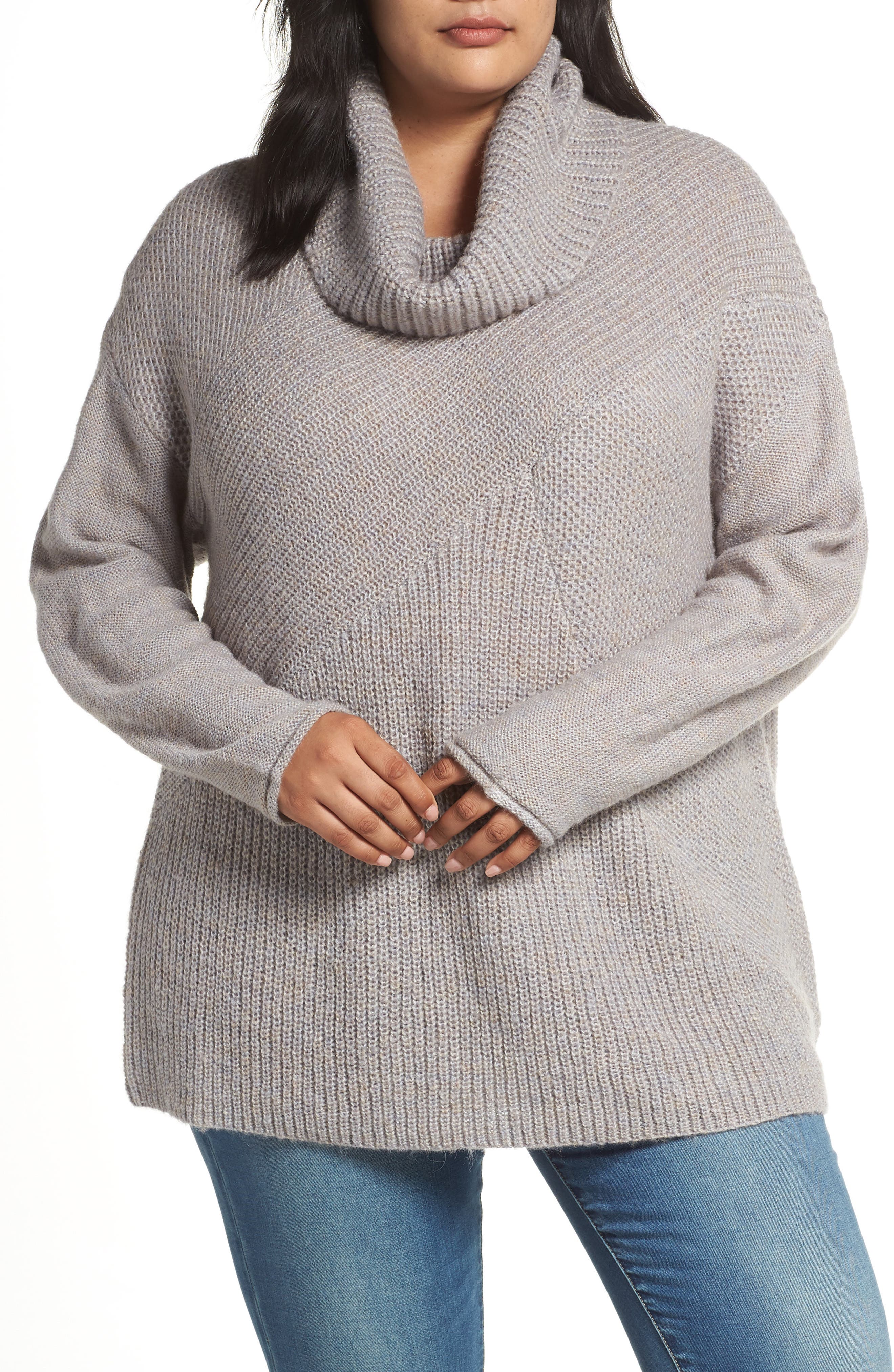 Plus Size Caslon Mix Stitch Wool Blend Funnel Neck Sweater, Grey
