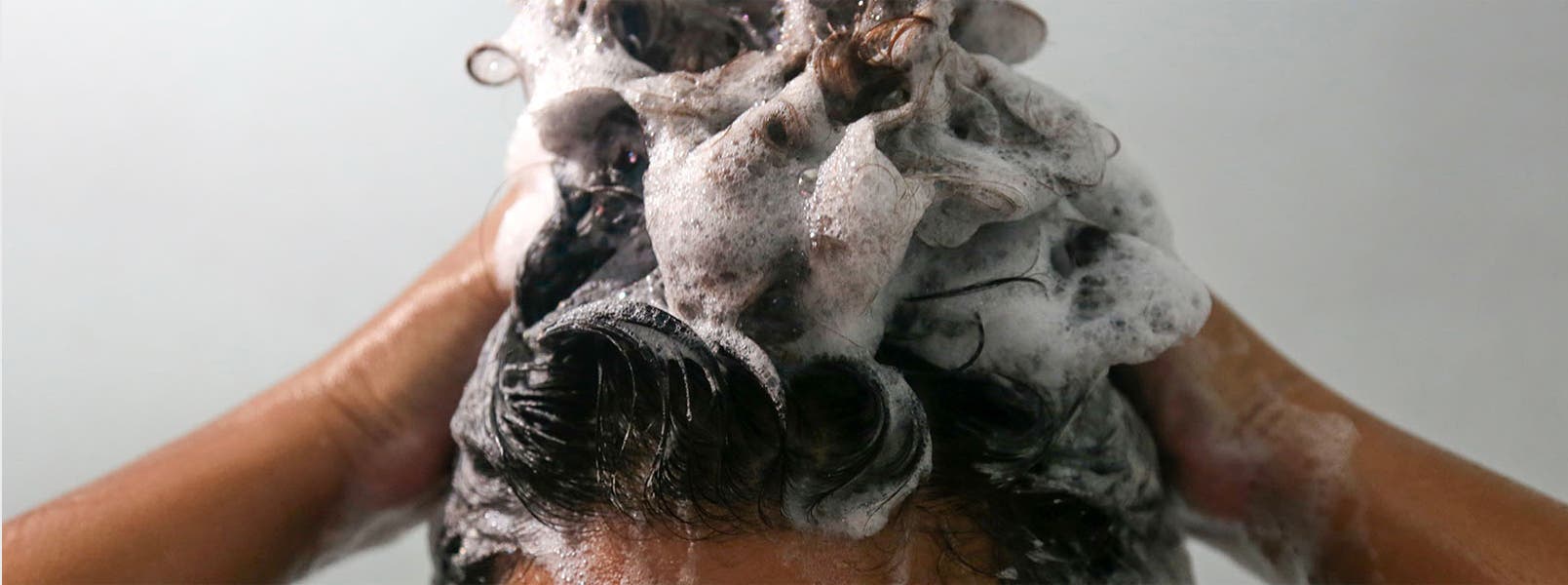 A close-up of wet, soapy hair.