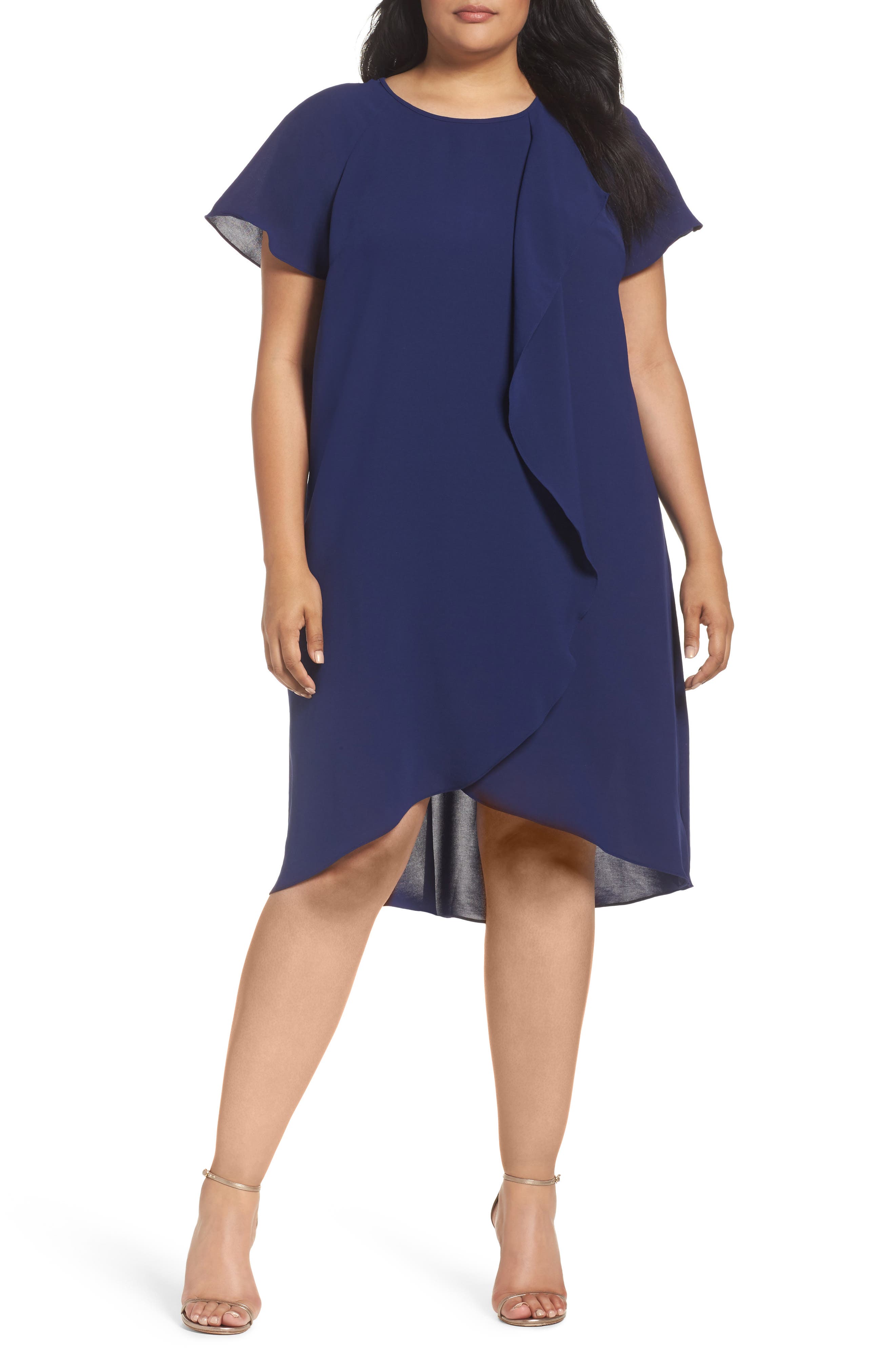 Plus Size Adrianna Papell Crepe Ruffle Drape Shift Dress, Blue