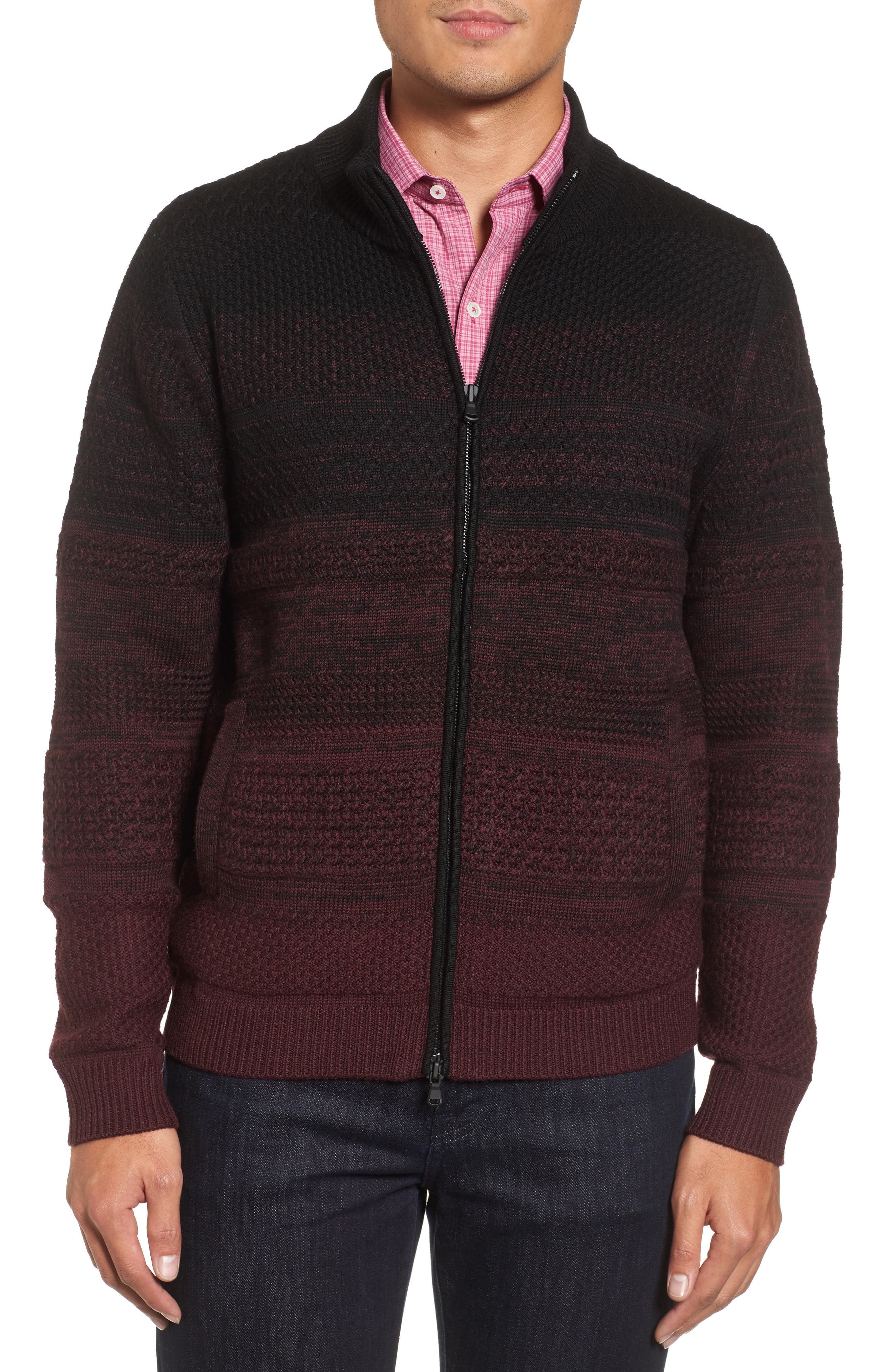 Zachary Prell Hawkins Degrade Merino Full Zip Cardigan, Burgundy