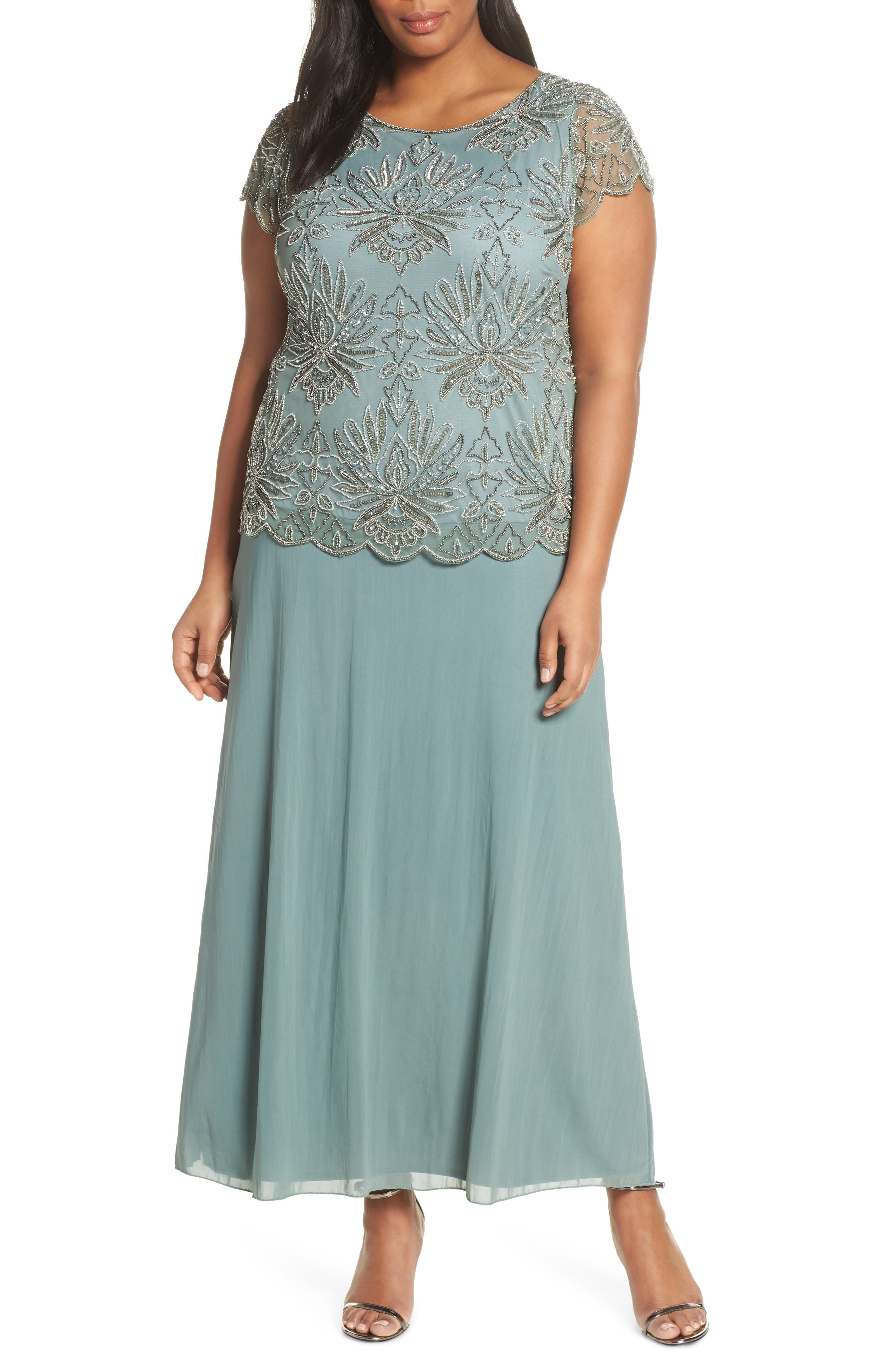 Plus Size Pisarro Nights Embellished Bodice Evening Dress, Green