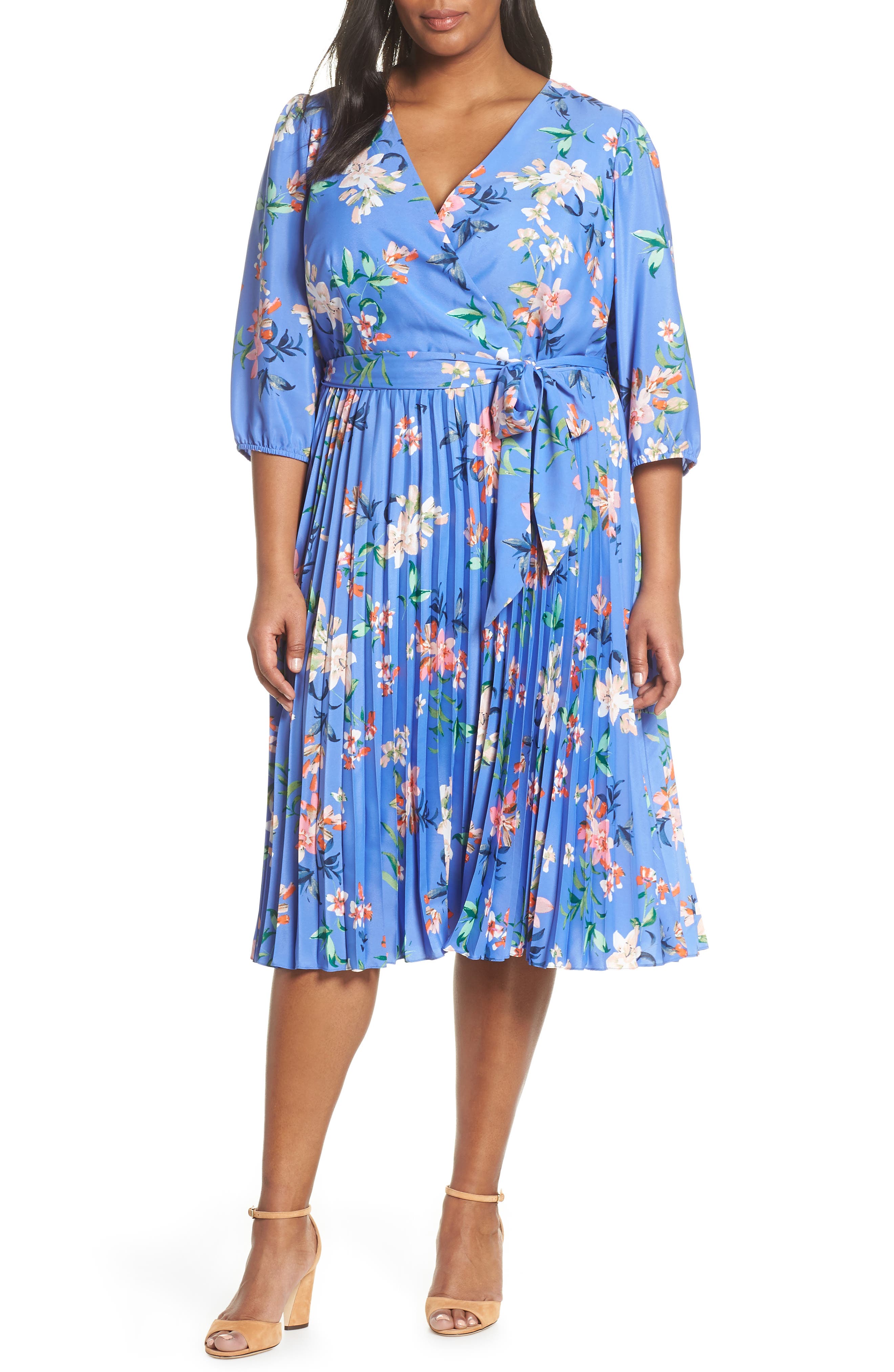 Plus Size Eliza J Pleated Faux Wrap Dress, Blue