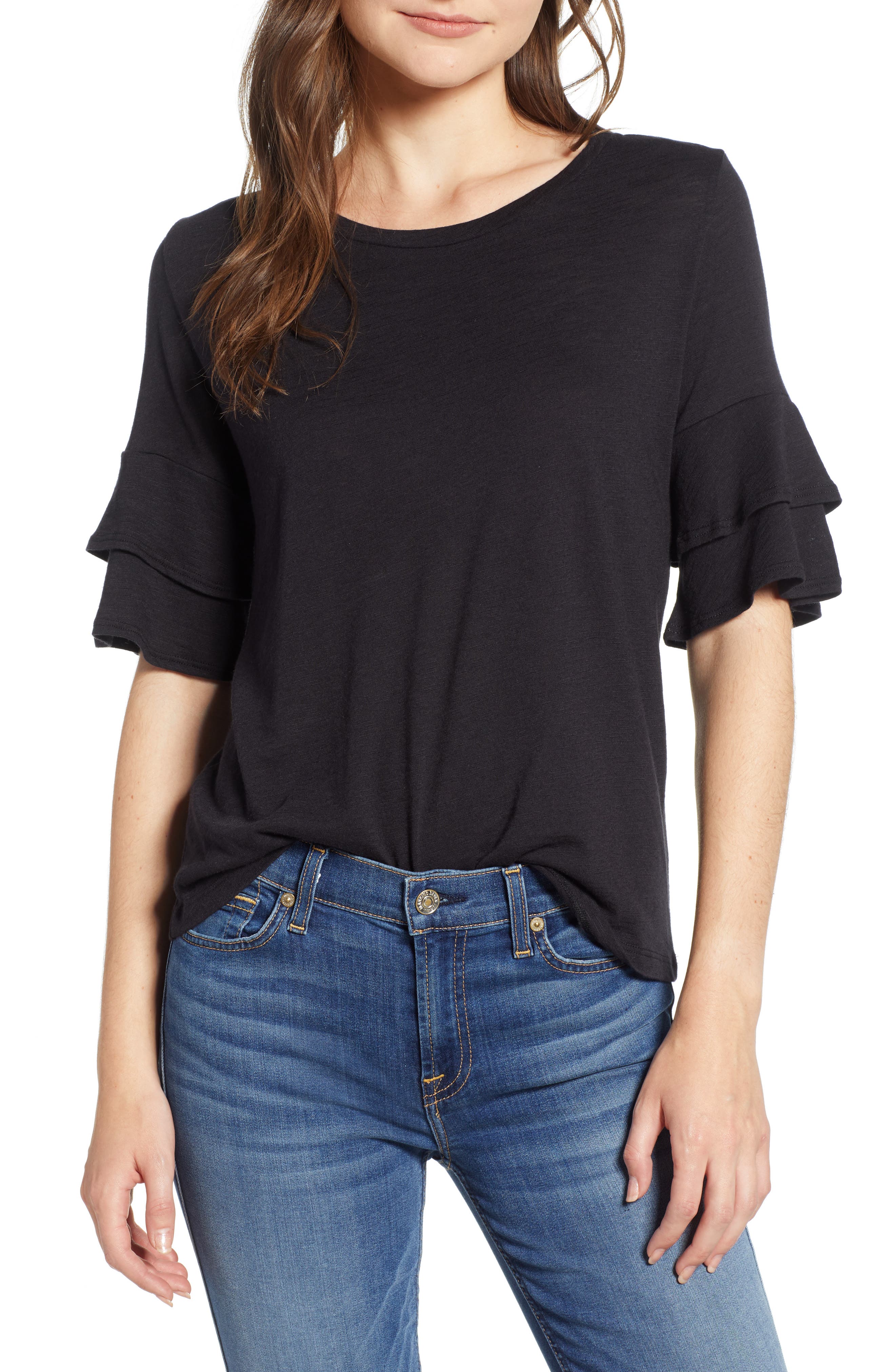 Amour Vert Uma Ruffle Sleeve Tee, Black