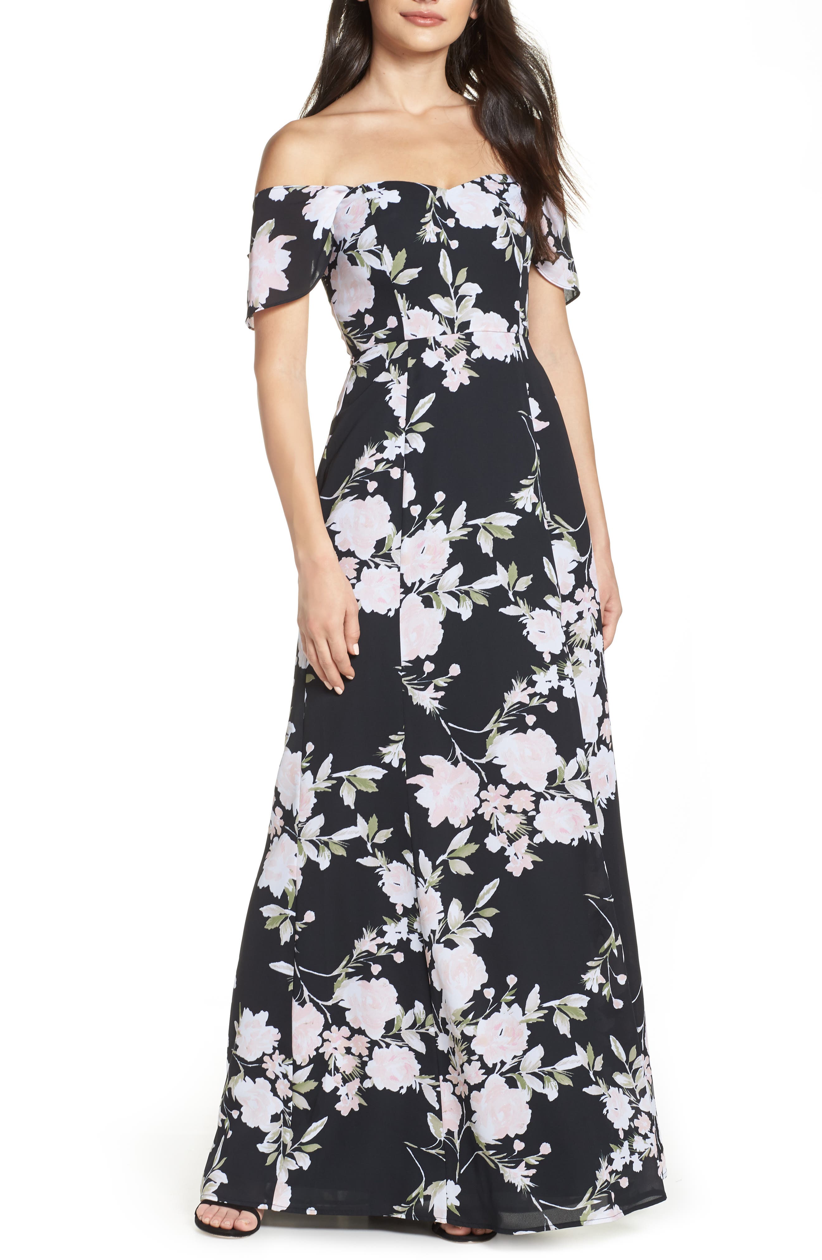 Wayf Rachel Off The Shoulder Gored Maxi Dress, Black
