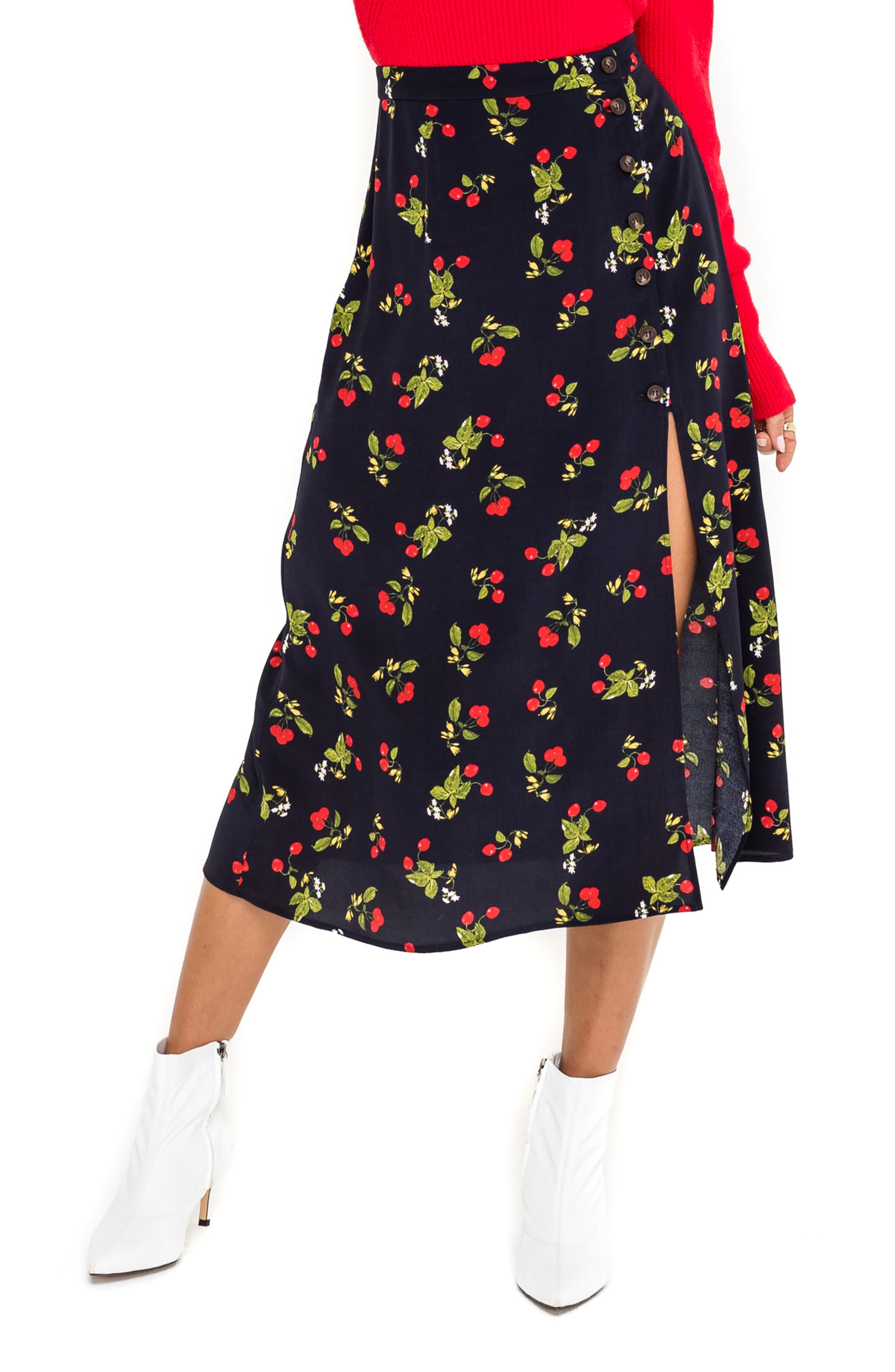 Astr The Label Cherry Pattern Button Side Slit Midi Skirt, Blue