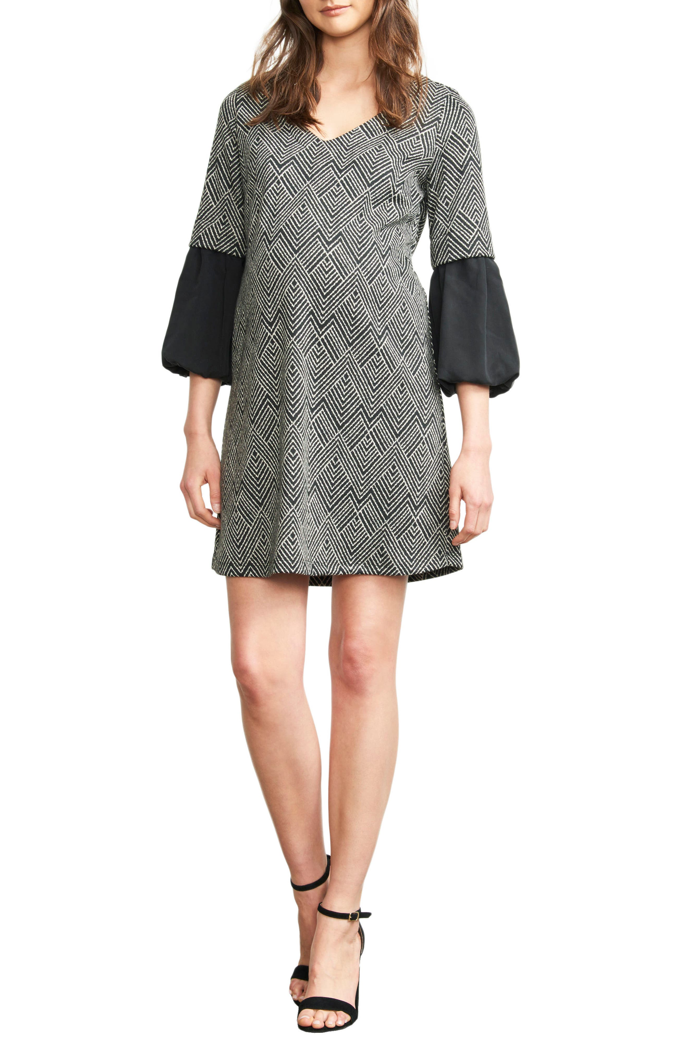 Maternal America Print Bell Sleeve Maternity Dress, Black