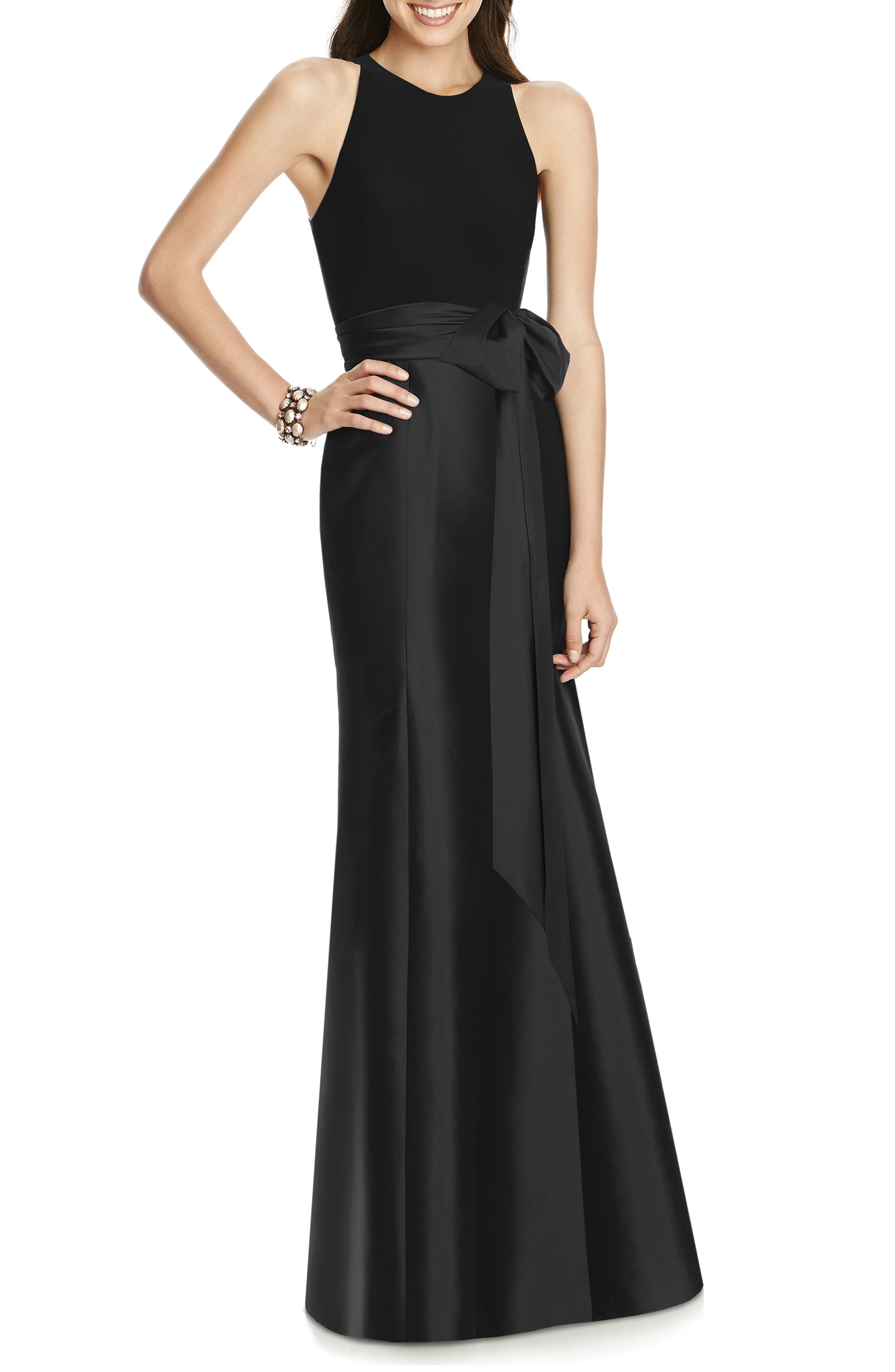Alfred Sung Mikado Jersey Bodice Trumpet Gown, Black