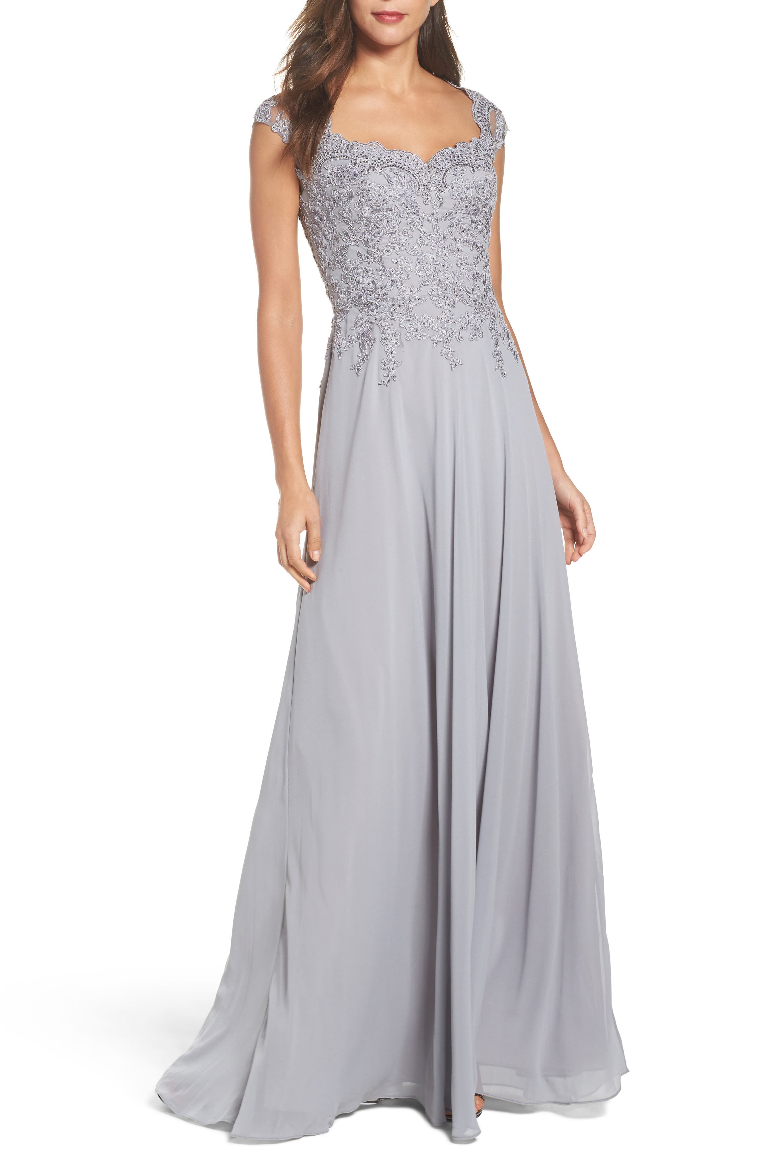 La Femme Embellished Cap Sleeve Gown, Metallic