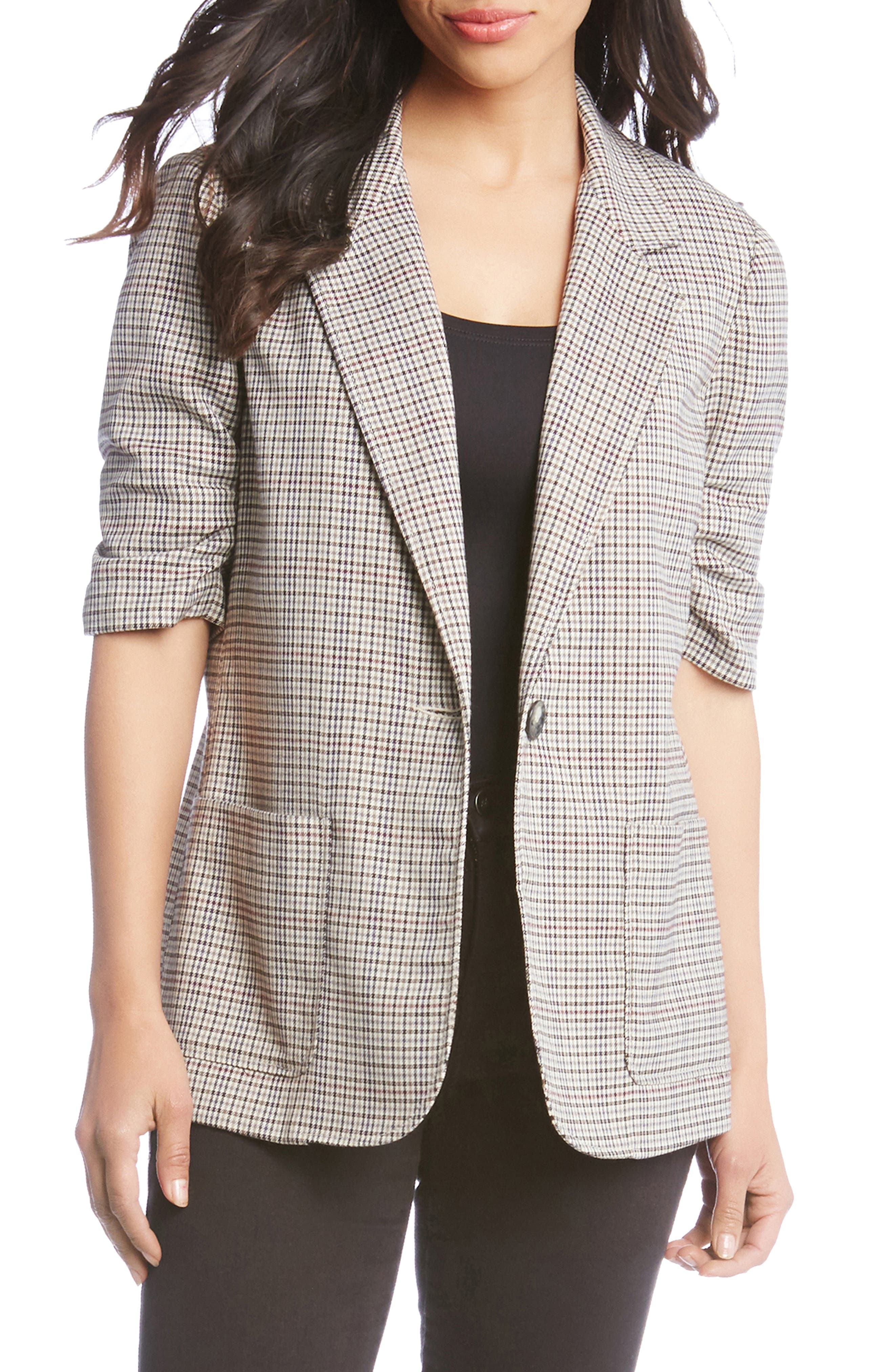 Ruched Sleeve Plaid Jacket,
                        Main,
                        color, GLEN PLAID